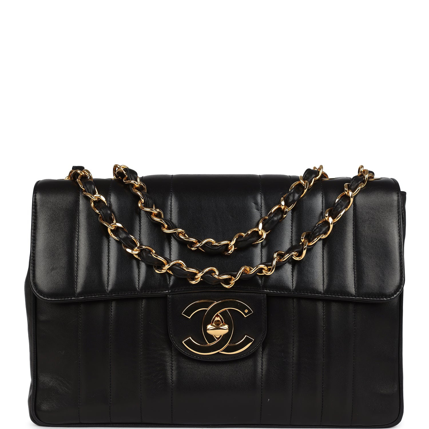 Vintage Chanel Jumbo Classic Mademoiselle Vertical Flap Black Lambskin Gold Hardware