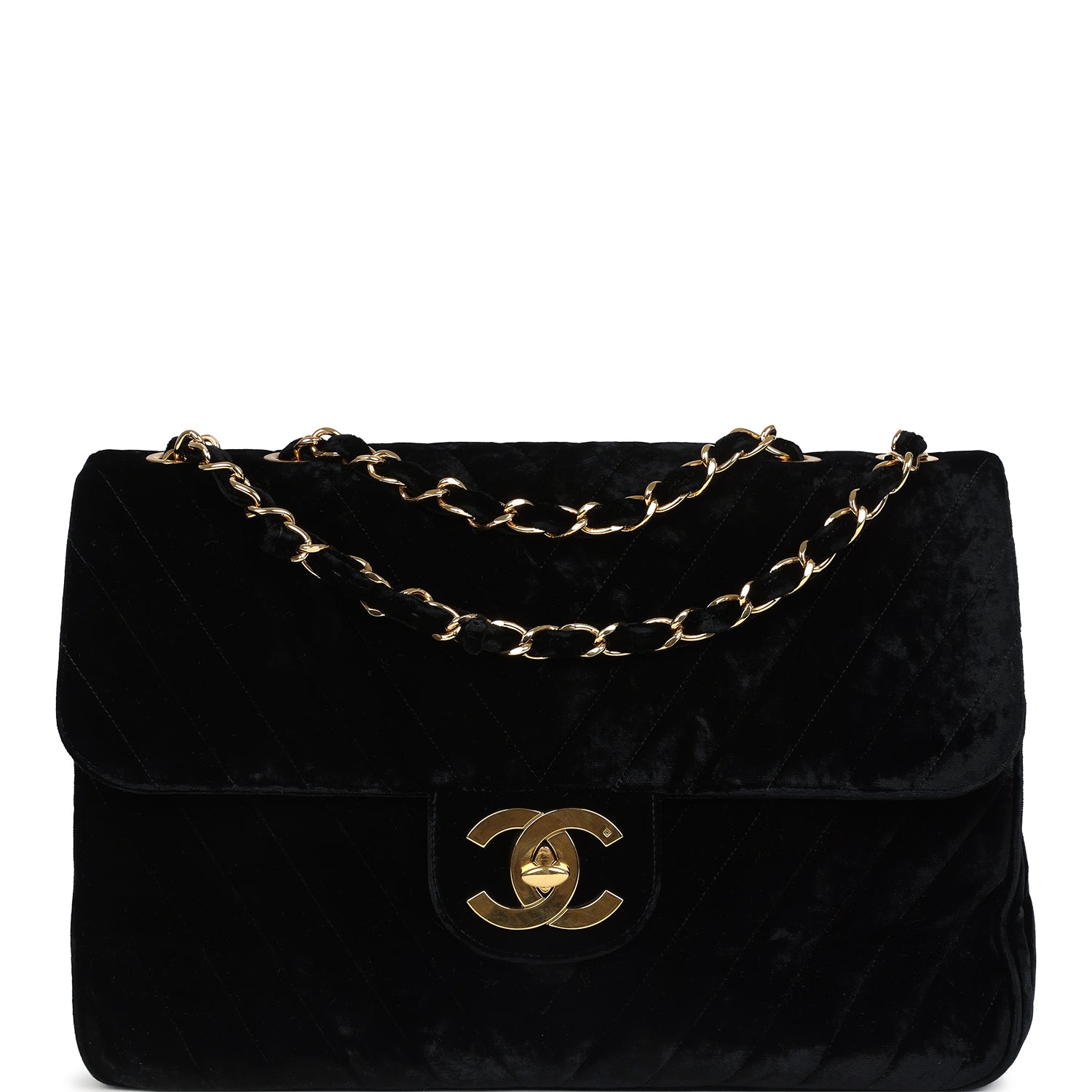 Vintage Chanel XL Classic Chevron Single Flap Bag Black Velvet Gold Hardware