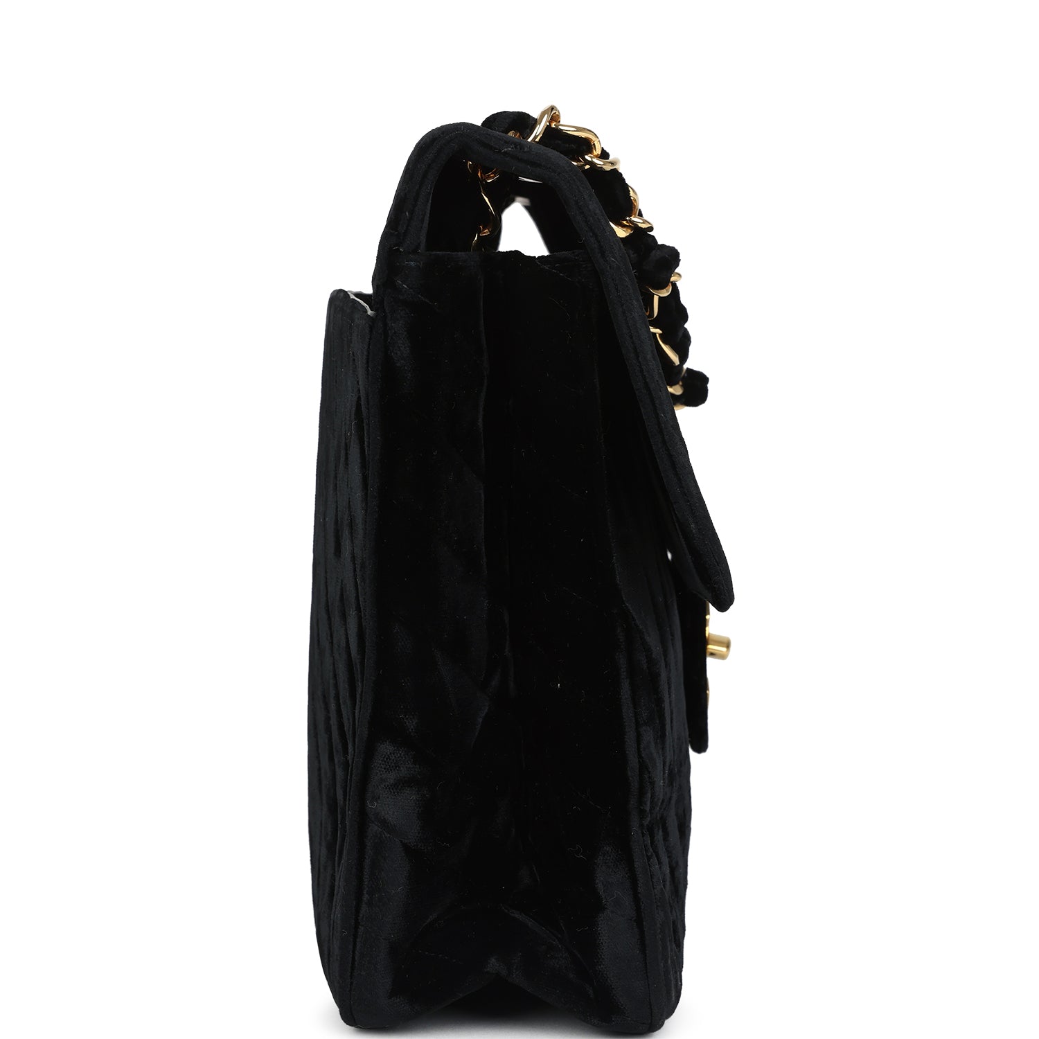 Vintage Chanel XL Classic Chevron Single Flap Bag Black Velvet Gold Hardware