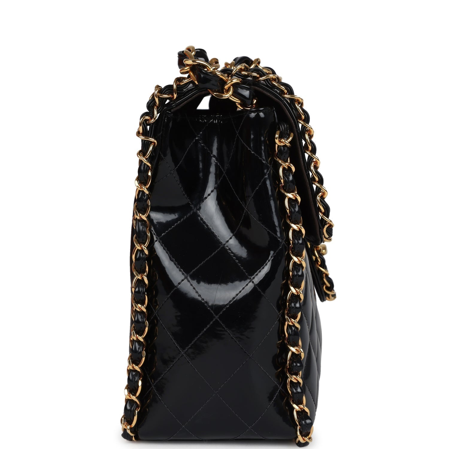 Vintage Chanel Maxi Classic Chain Around Single Flap Bag Black Patent Gold Hardware