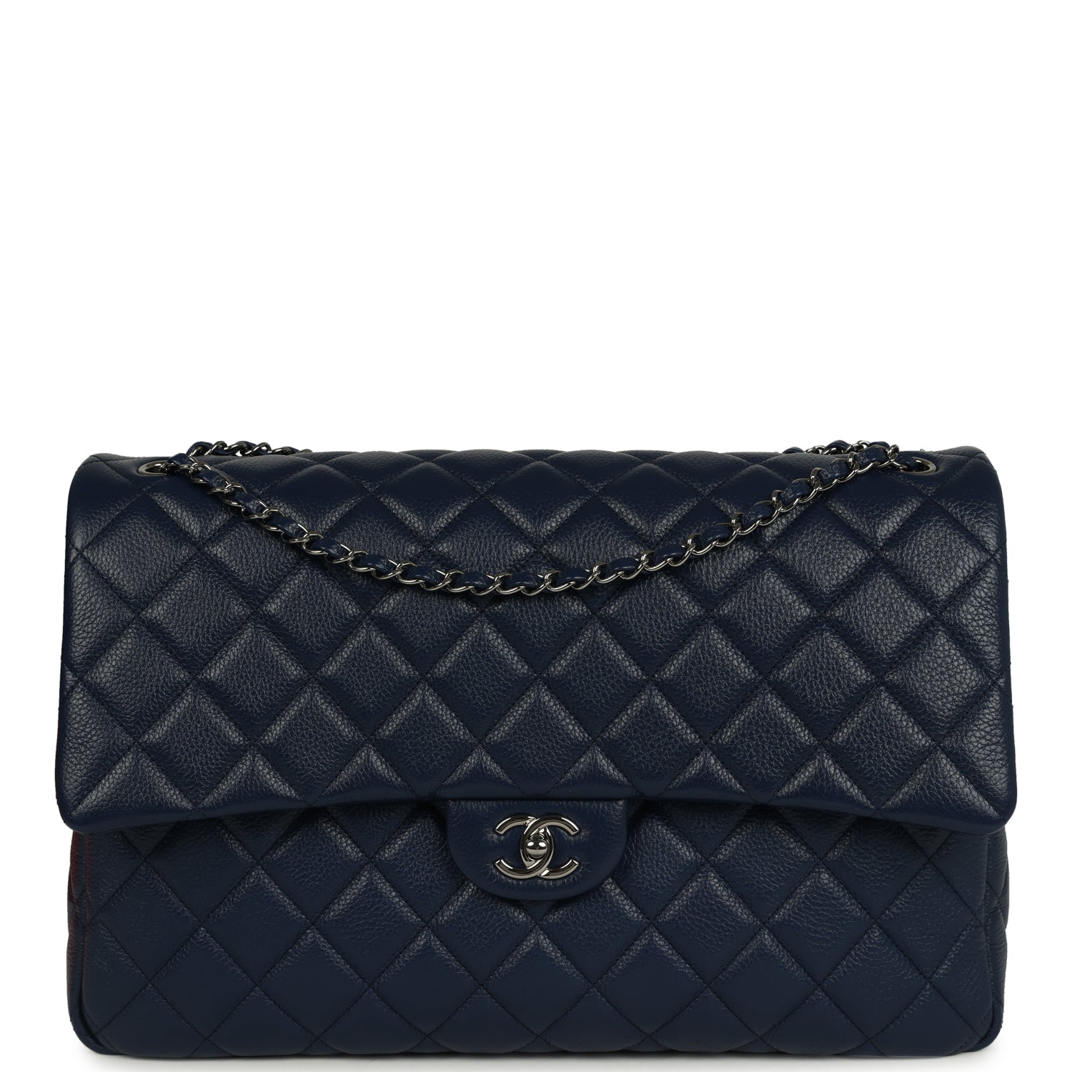 Chanel XXL Classic Single Flap Bag Navy Blue Shiny Aged Calfskin Ruthenium Hardware