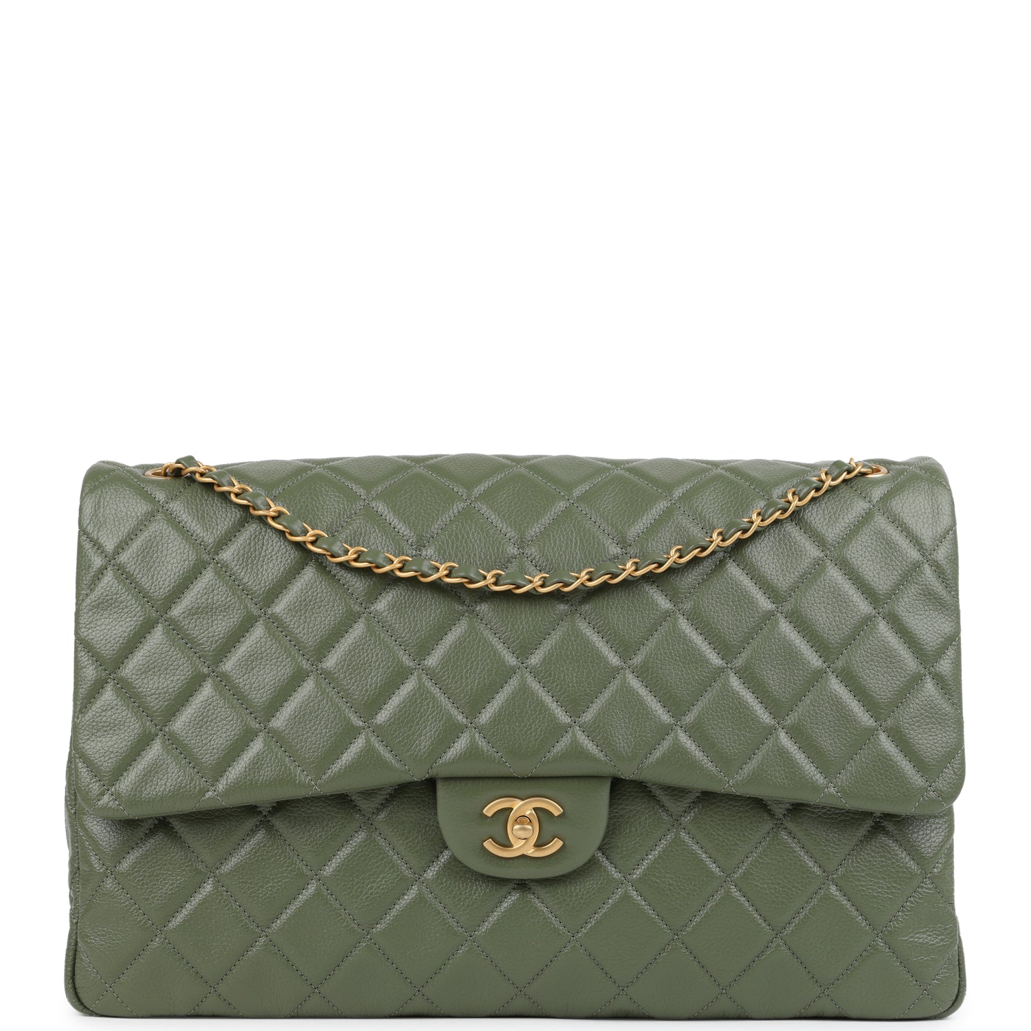 Chanel XXL Classic Single Flap Bag Khaki Shiny Aged Calfskin Brushed Gold Hardware