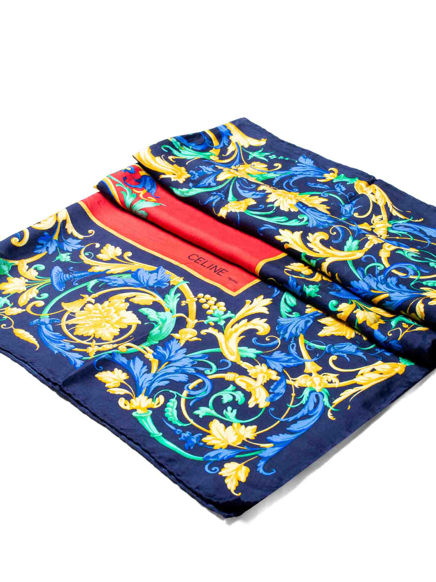 Celine Silk Logo Floral Scarf Red Blue