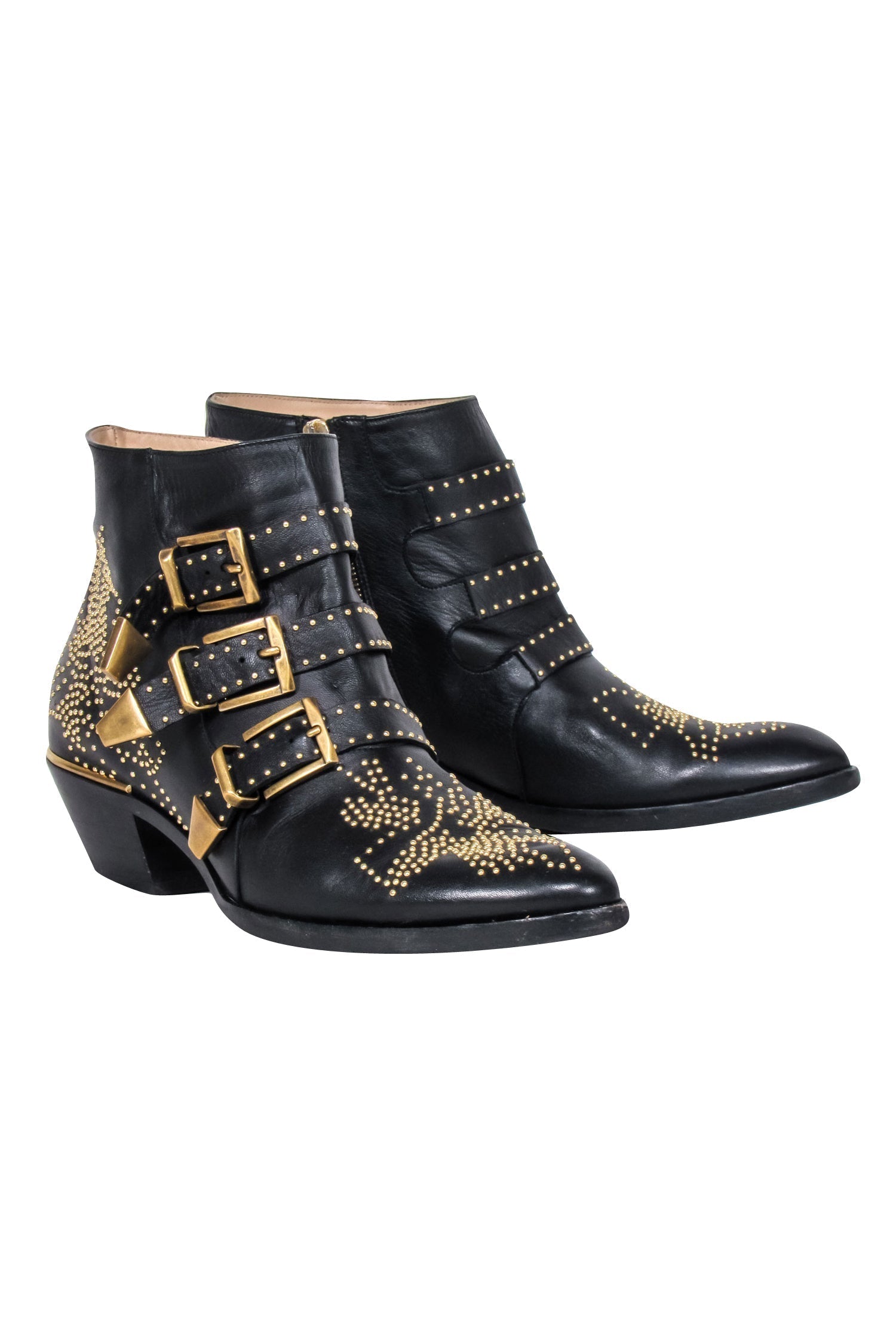 Chloe - Black Leather Gold Studded "Susanna" Booties Sz 11