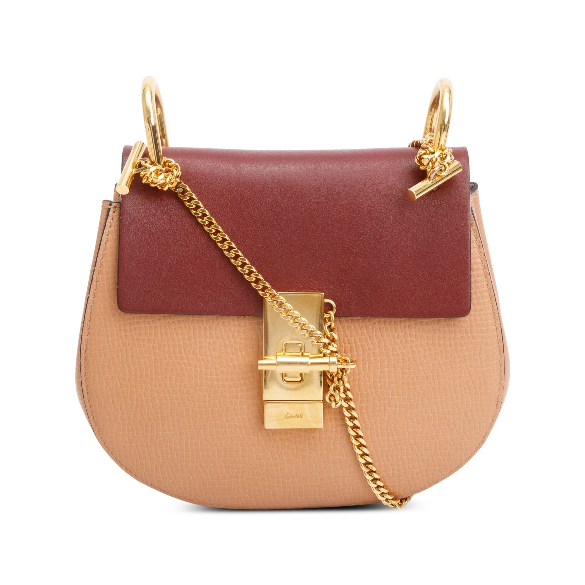Chloe Maroon/Tan Calfskin Leather Mini Drew Crossbody Bag w/ Authenticity Card