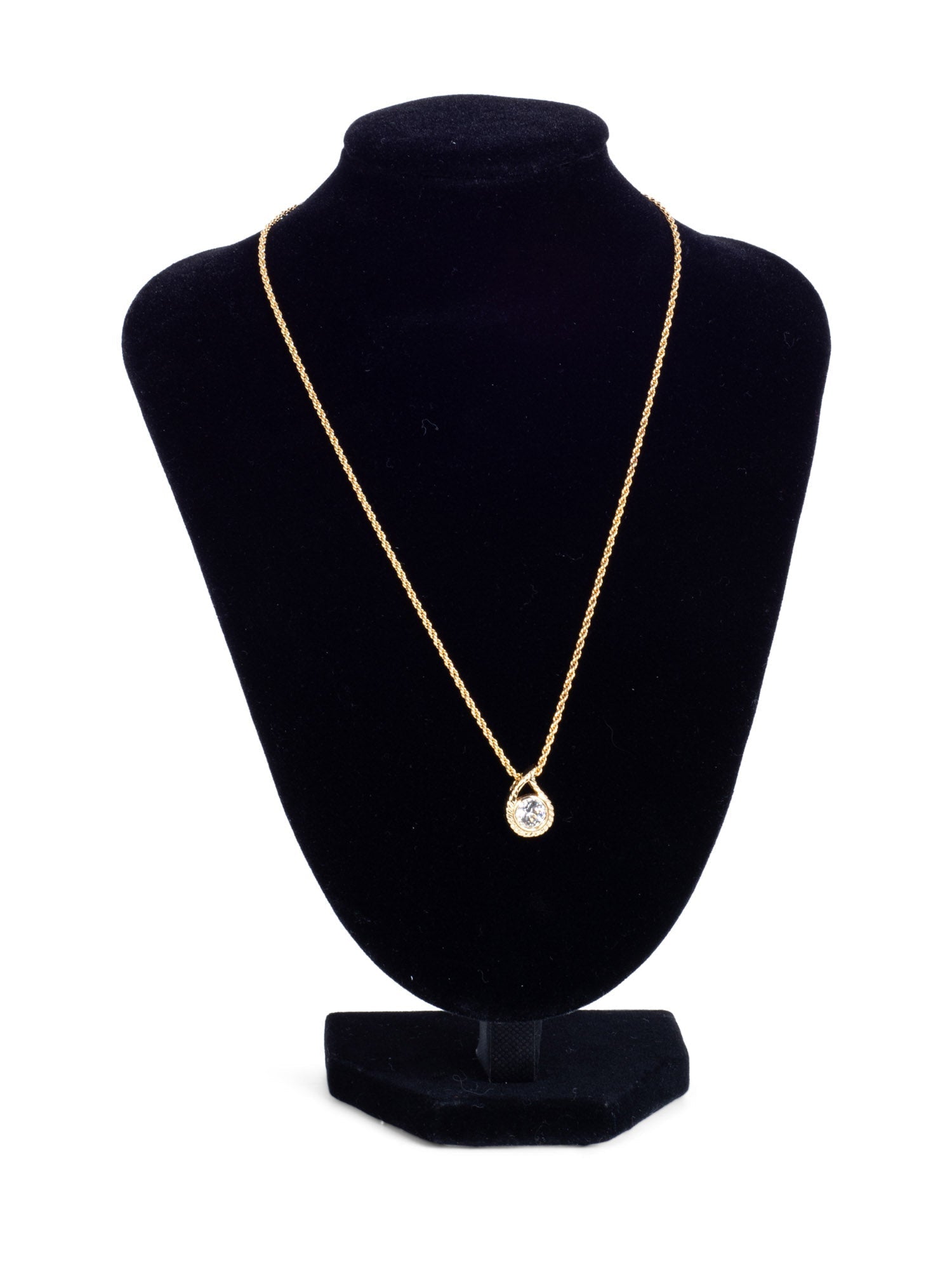 Christian Dior Logo Crystal Solitaire Stone Raindrop Necklace Gold