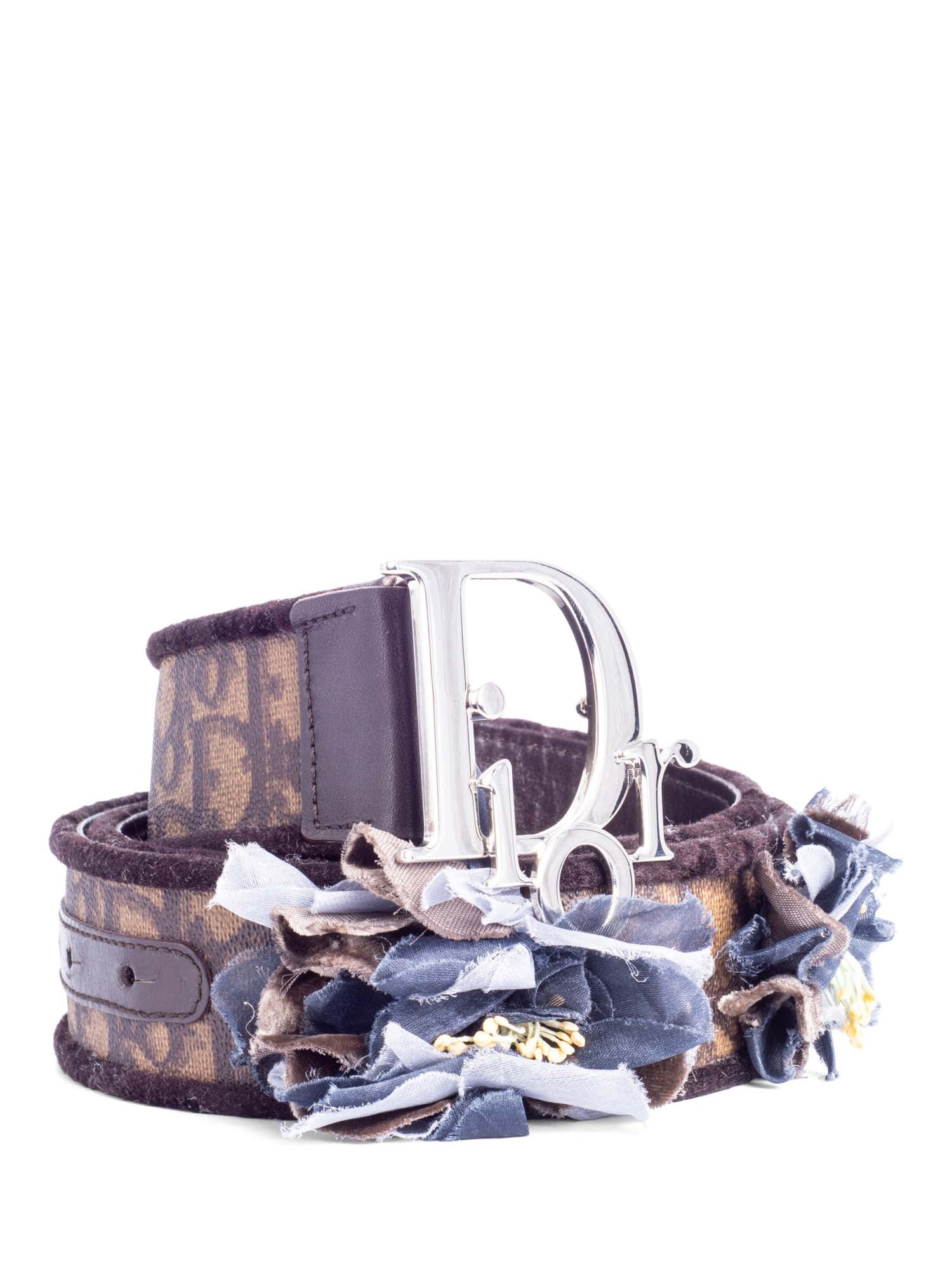 Christian Dior Logo Oblique Leather Floral Belt Brown Silver