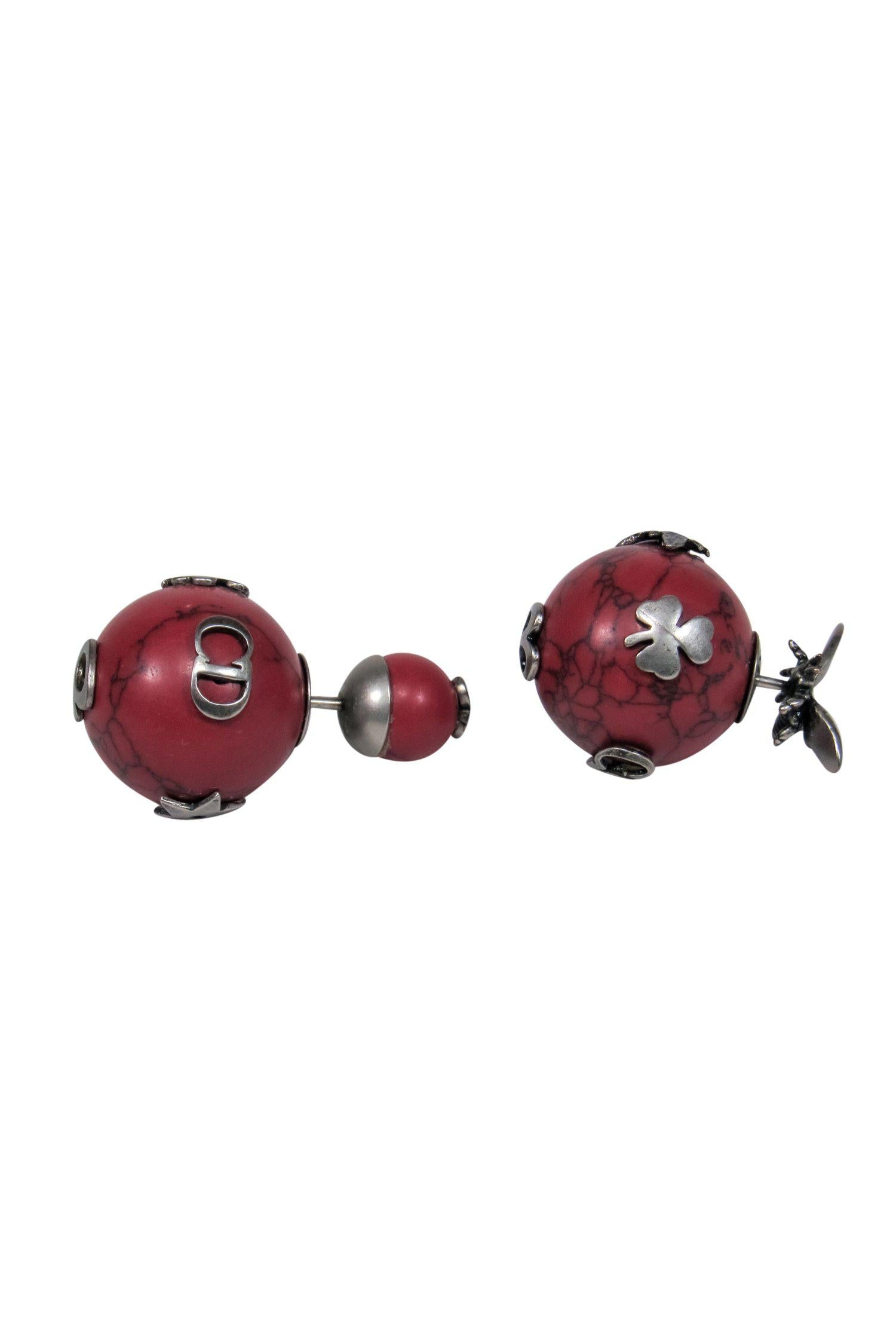 Christian Dior - Red Marbled Round "Tribales" Earrings w/ Bees & Clovers