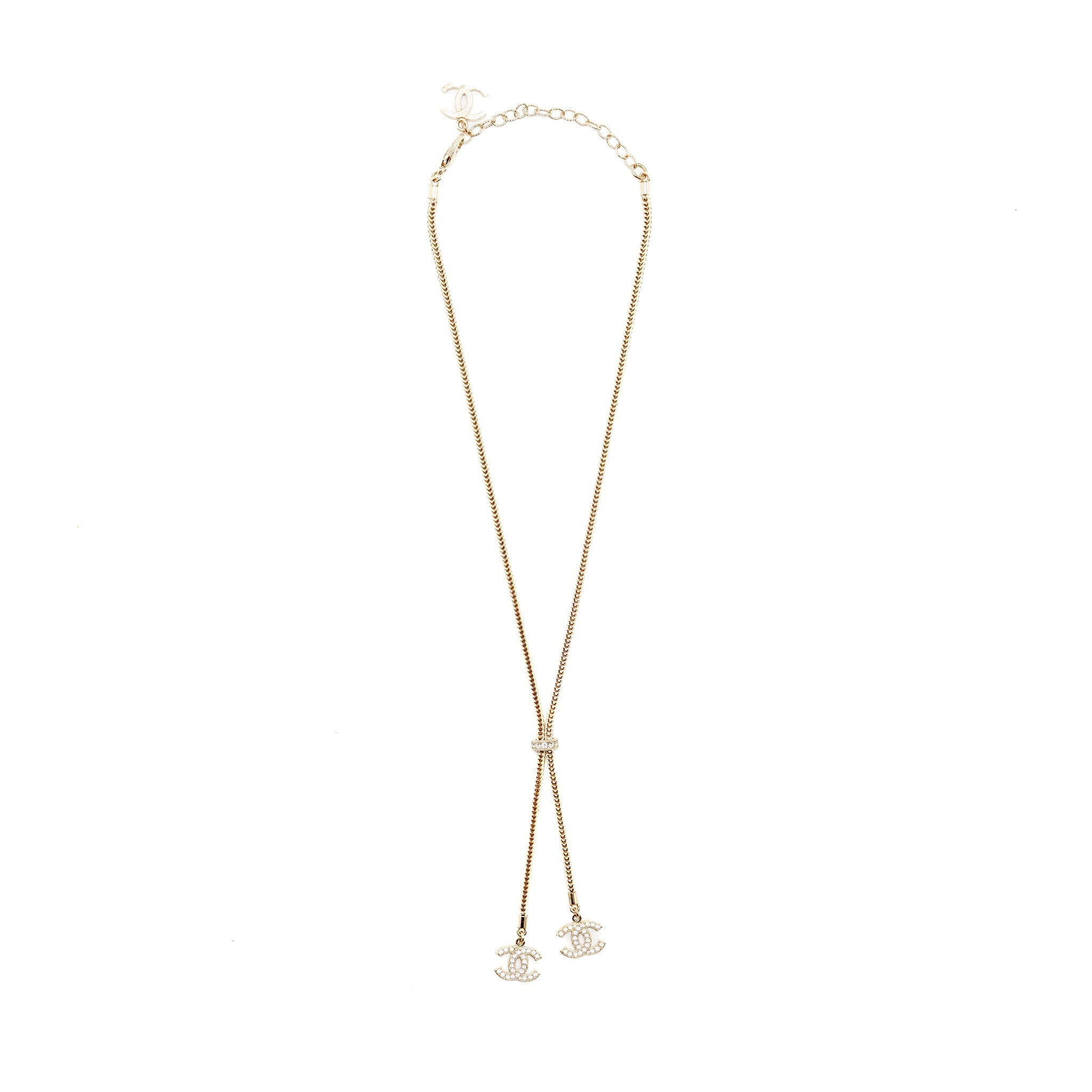 Chanel cc logo dropped necklace crystal light gold tone