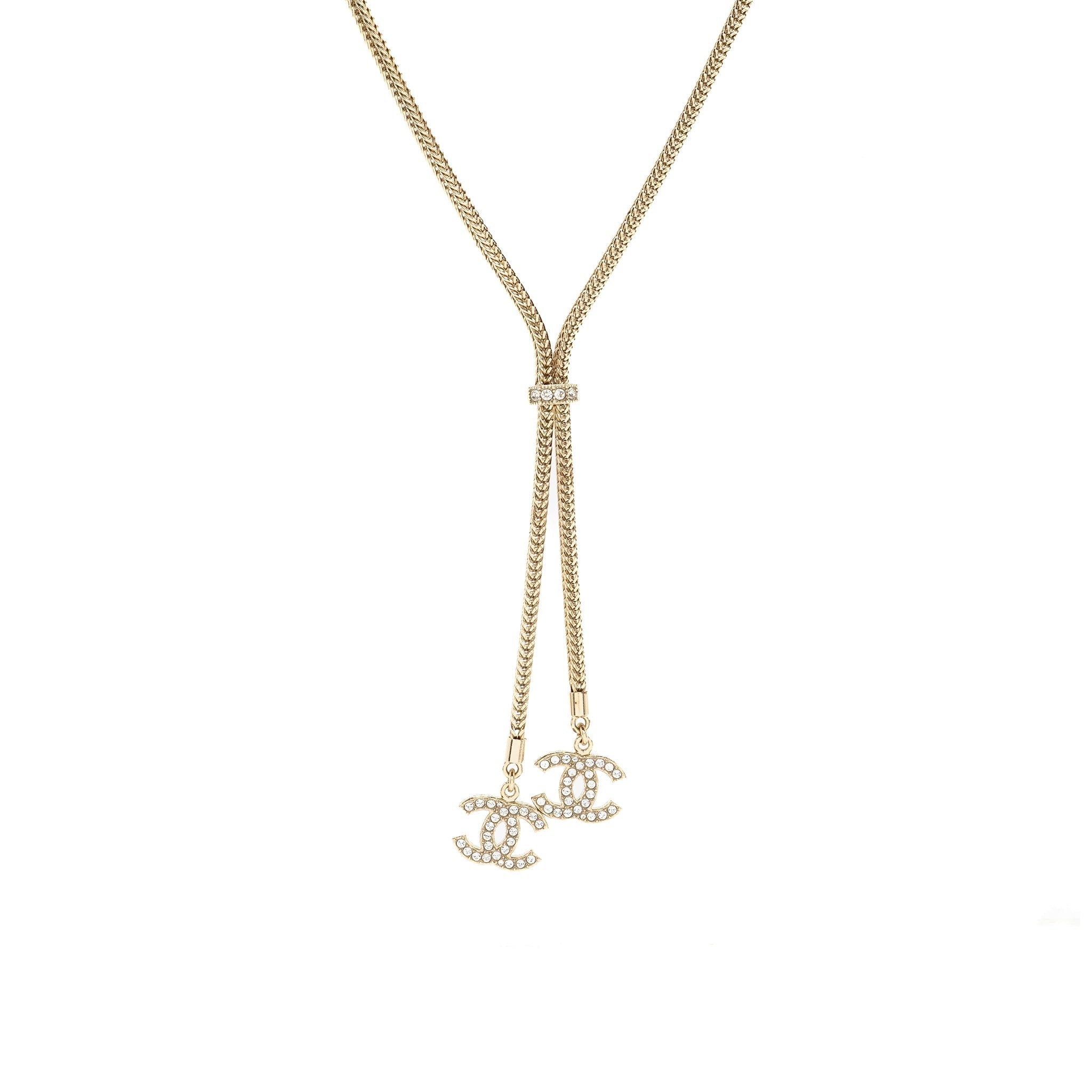Chanel cc logo dropped necklace crystal light gold tone