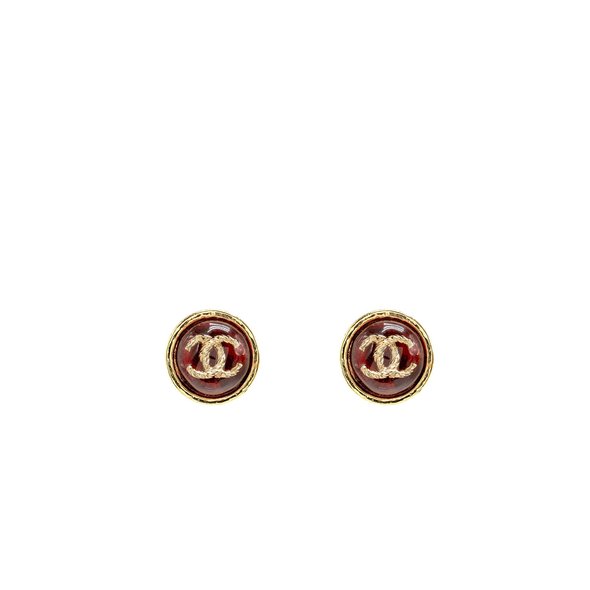 Chanel Round CC Logo Earrings Red Gold Tone