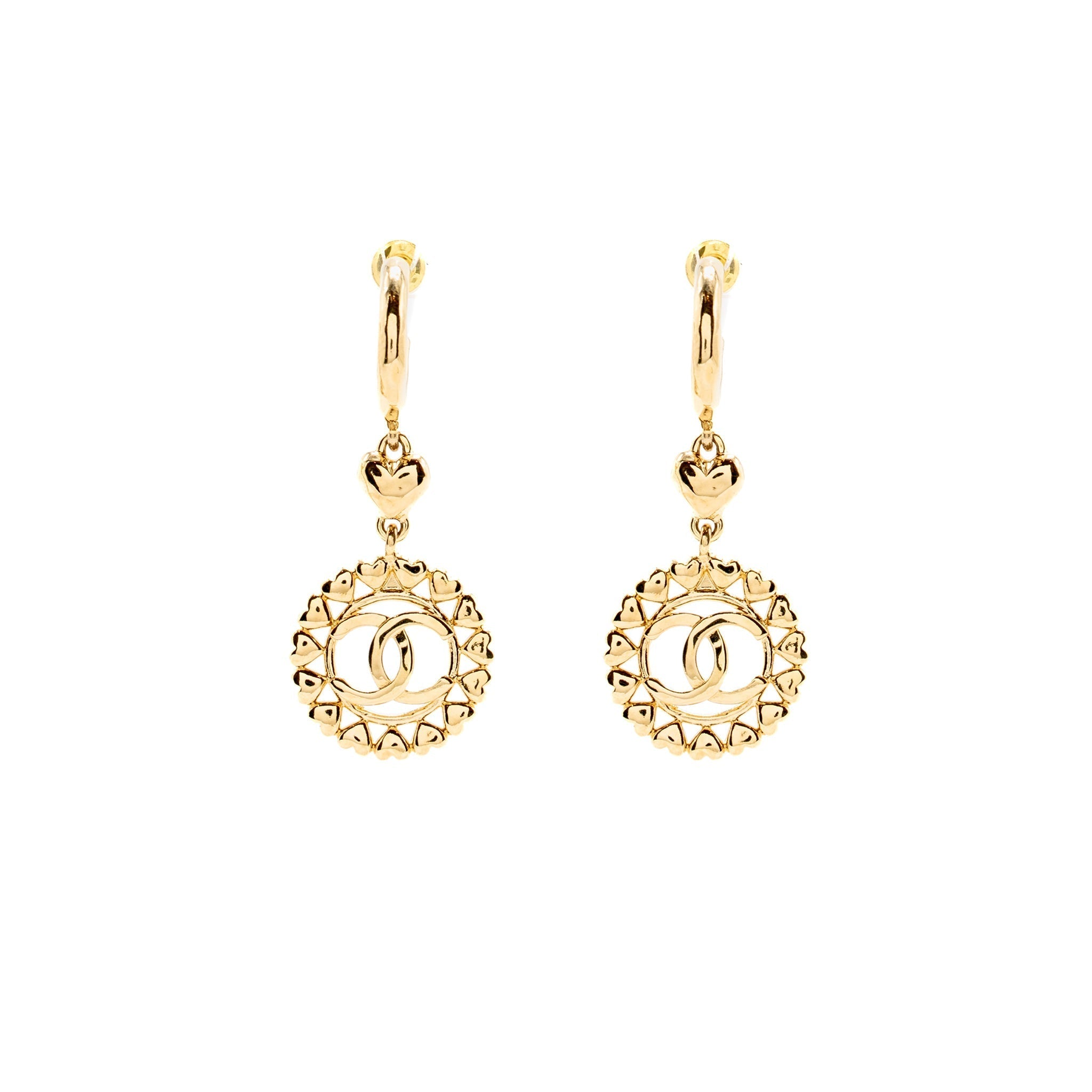Chanel Heart Circle CC Drop Earrings Light Gold Tone