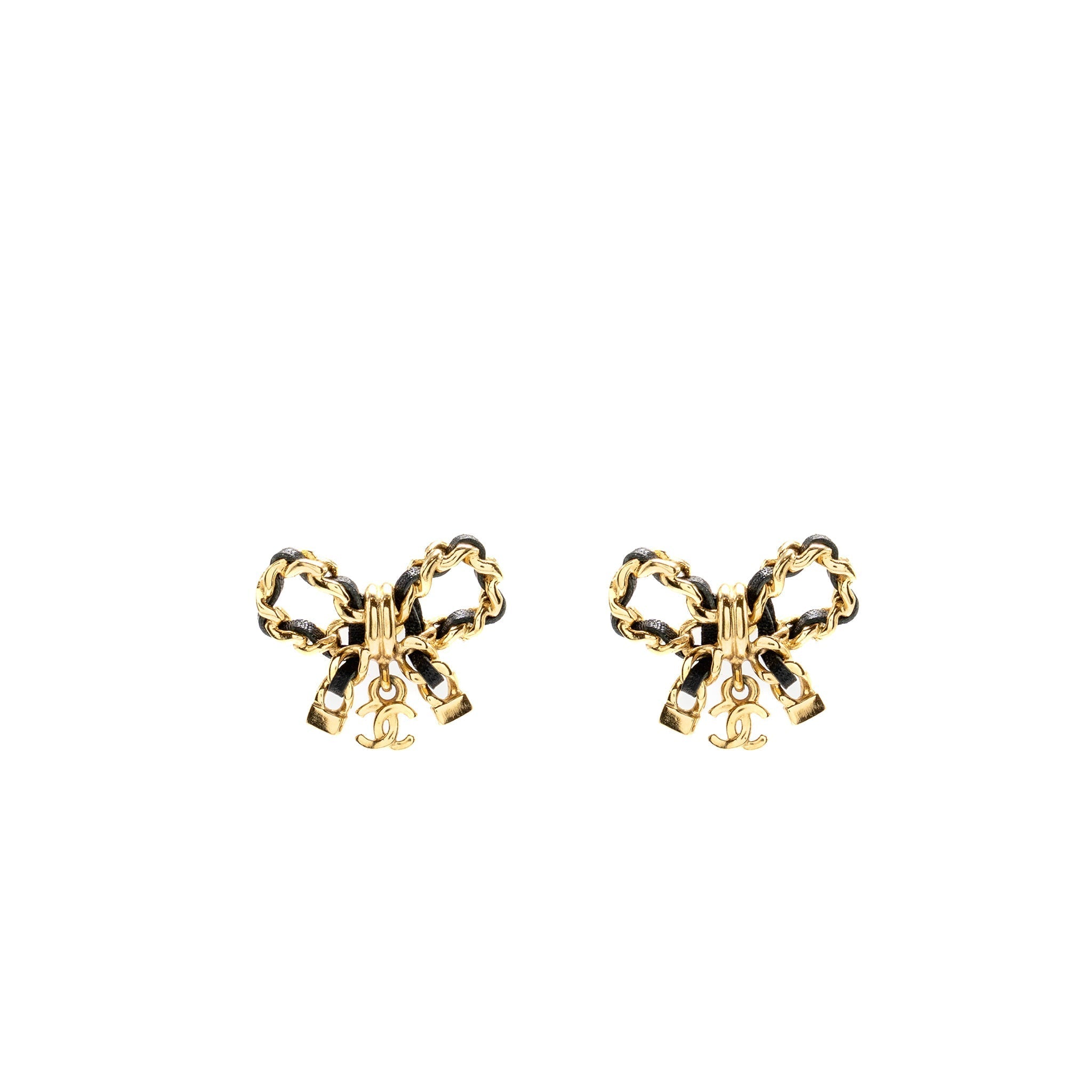 Chanel Leather Weave Bow Earrings Black Gold Tone