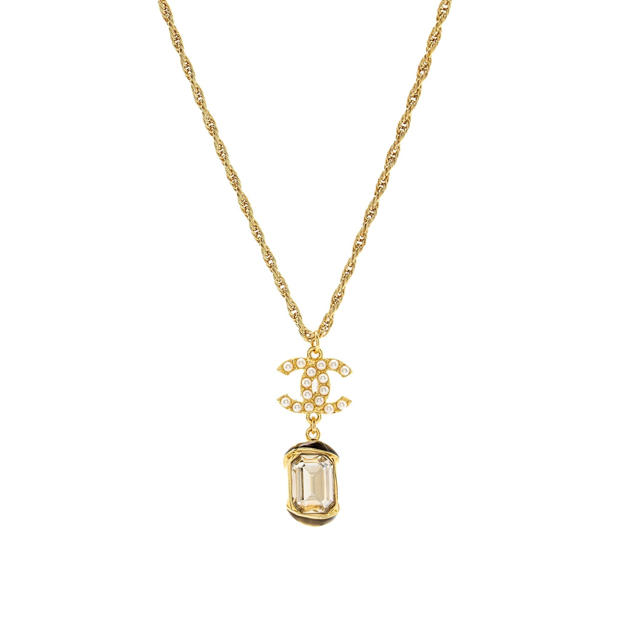 Chanel Pearl CC Pendant with Crystal Drop Necklace Gold Tone