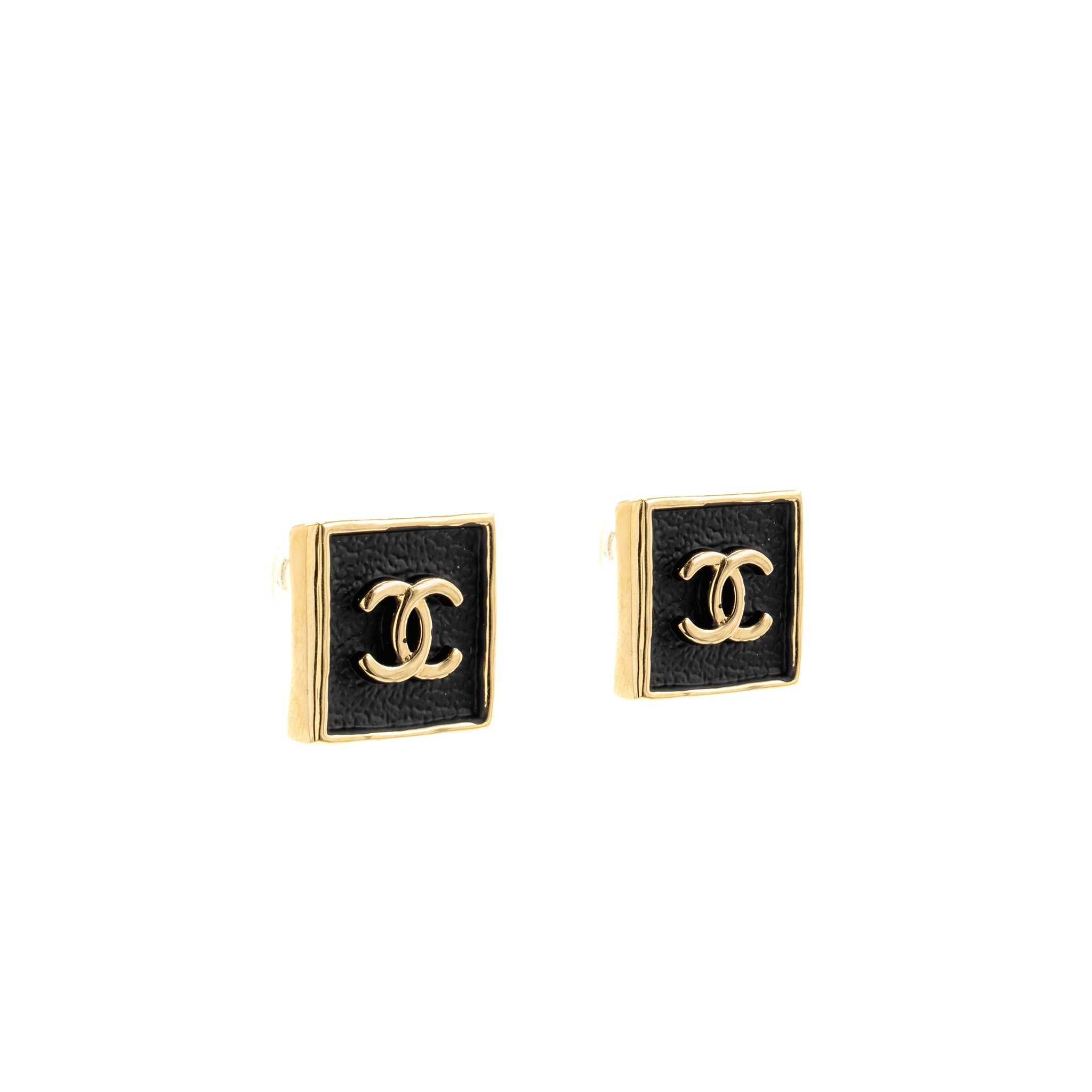 Chanel Square CC Logo Earrings Gold Tone