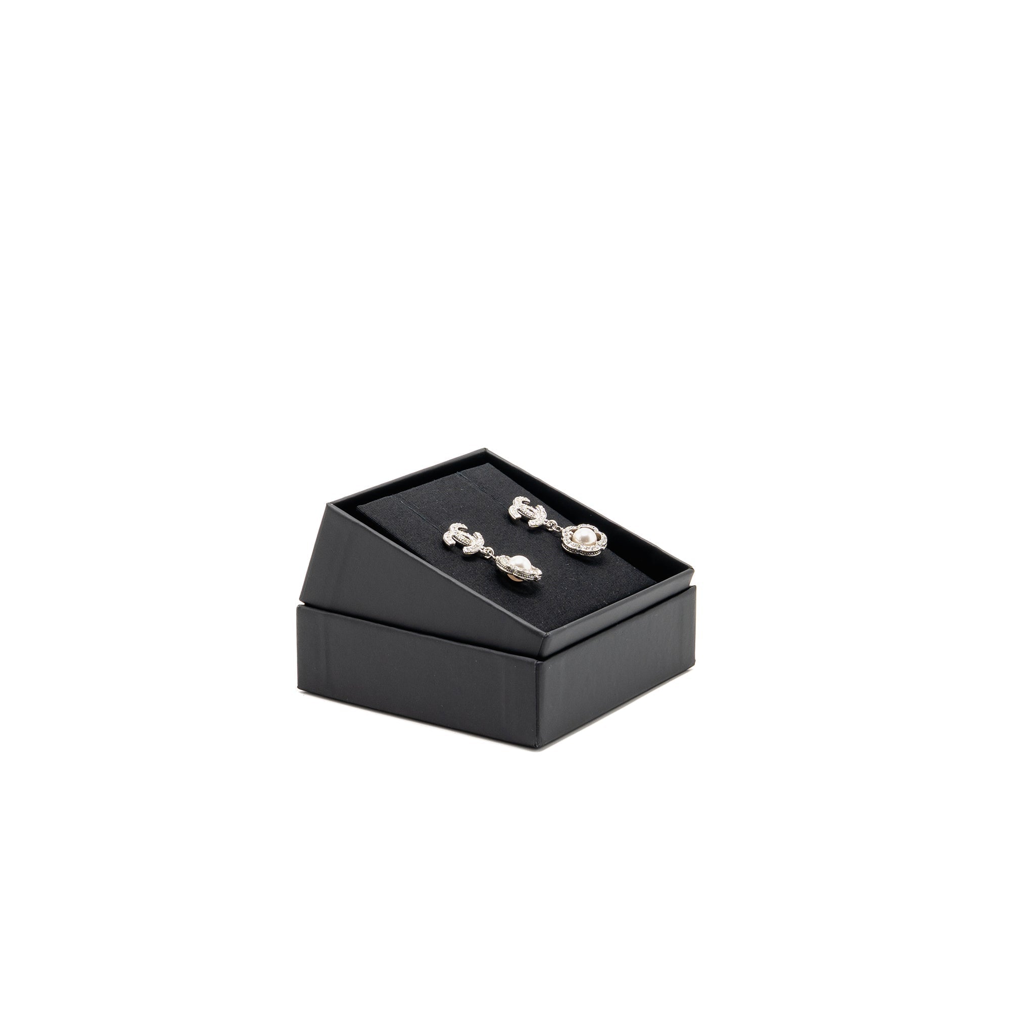 Chanel CC Flower Framed Pearl Drop Earrings Crystal Silver Tone