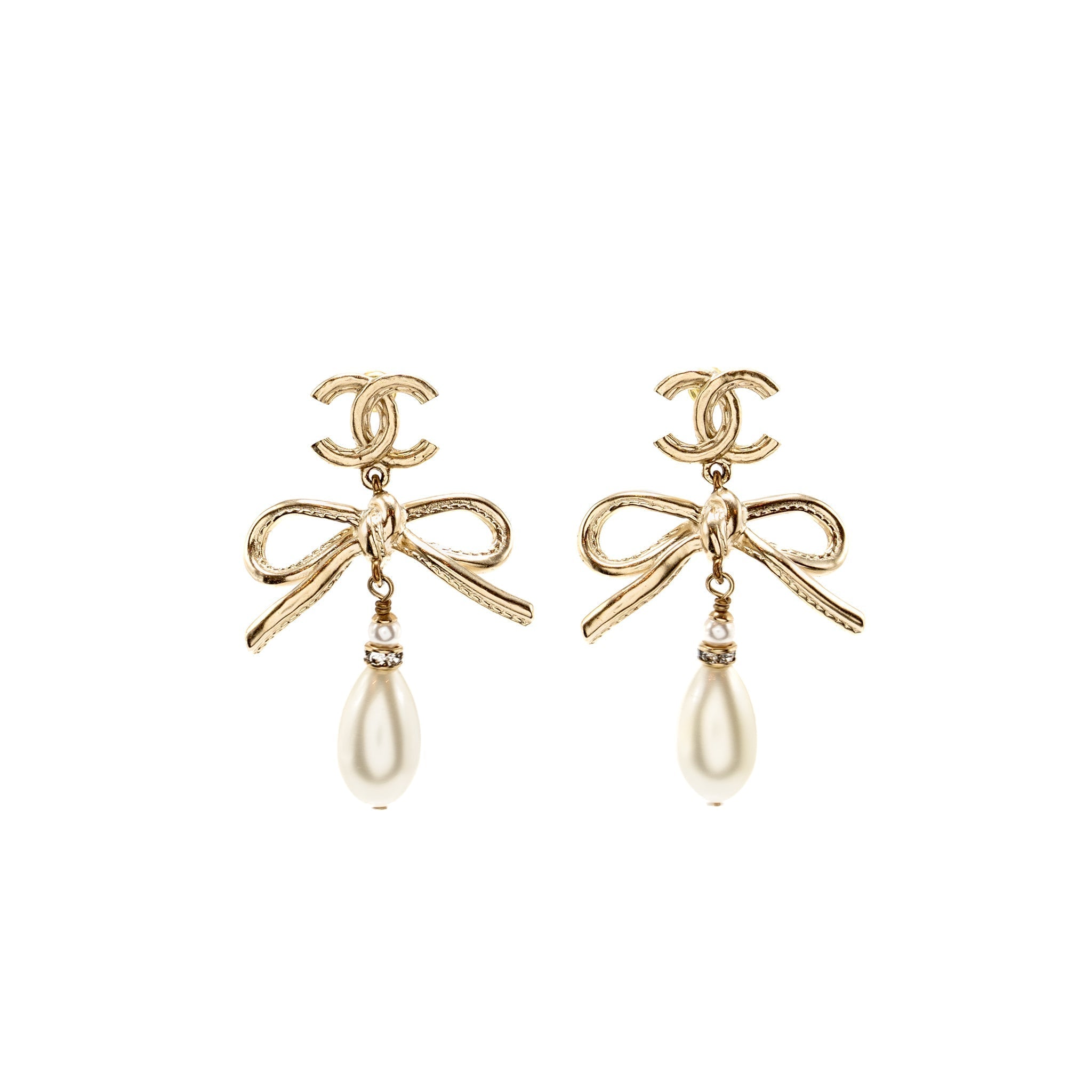 Chanel Giant Bow/Pearl Drop Earrings Light Gold Tone
