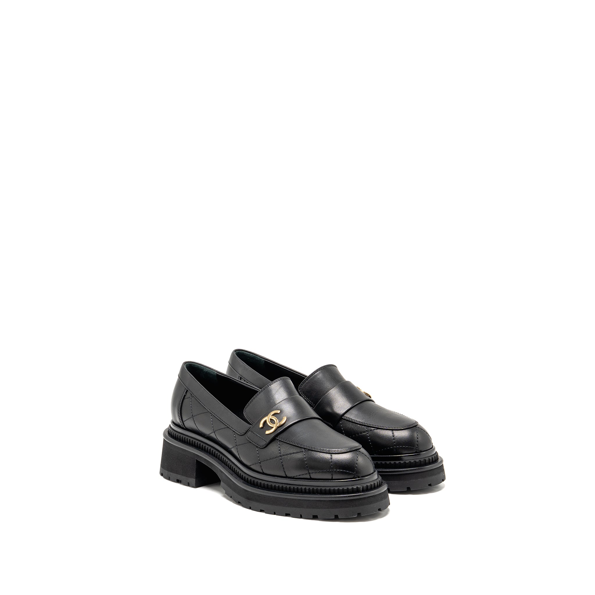 Chanel 23A Size 37 Qulited CC Platform Loafers Black LGHW