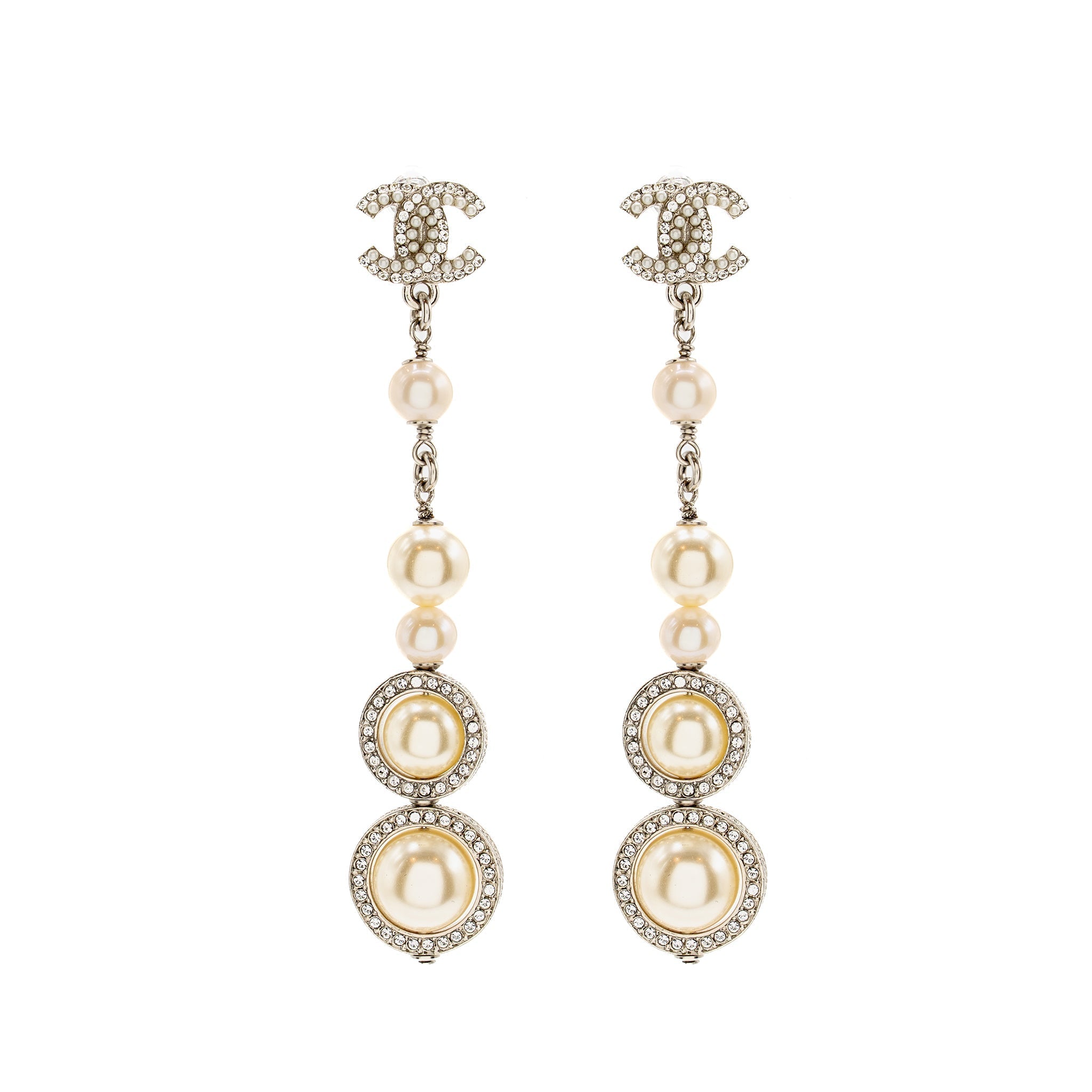 Chanel Crystal Pearl Dropped CC Logo Earrings Silver Tone