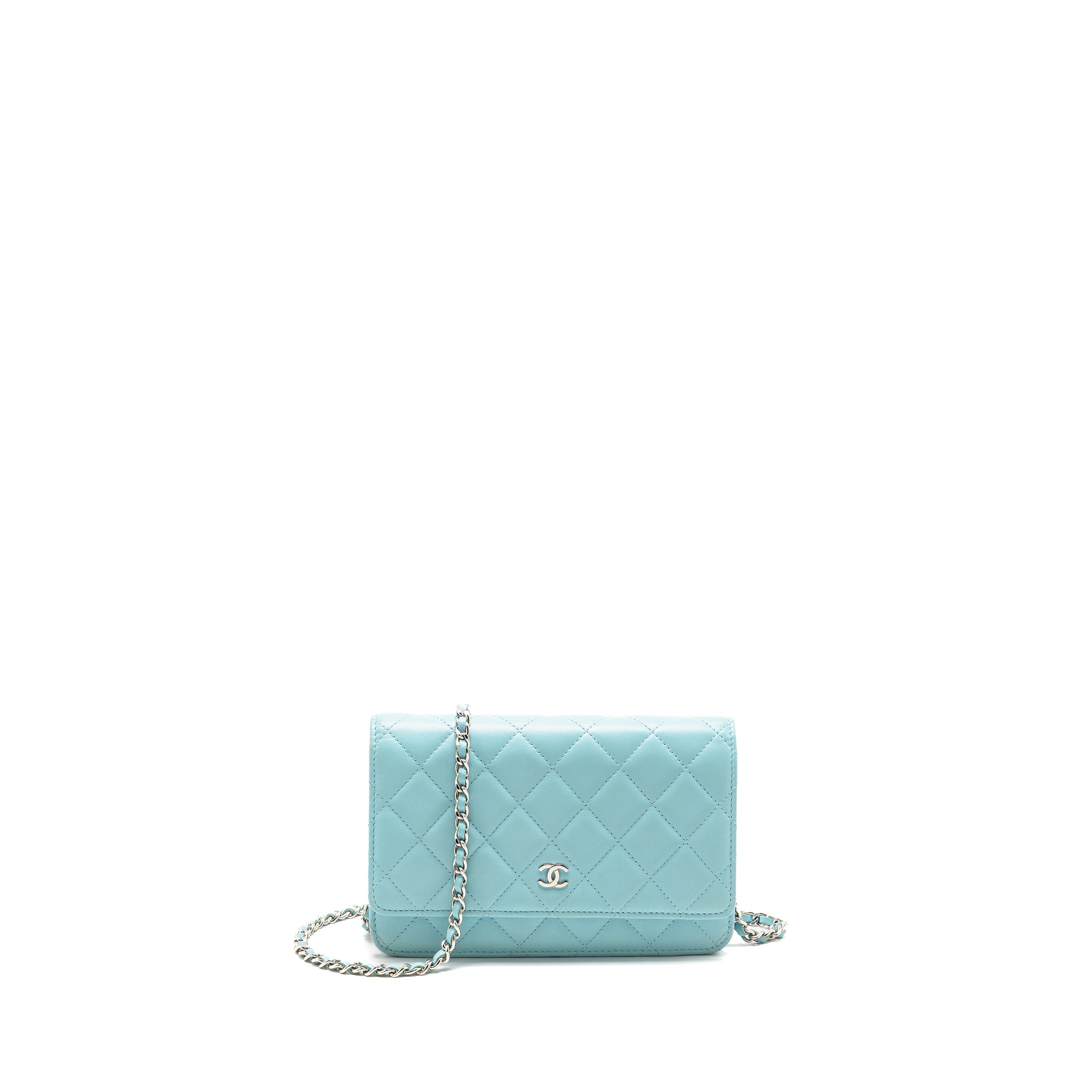 CHANEL Classic Wallet On Chain Lambskin Light Blue SHW