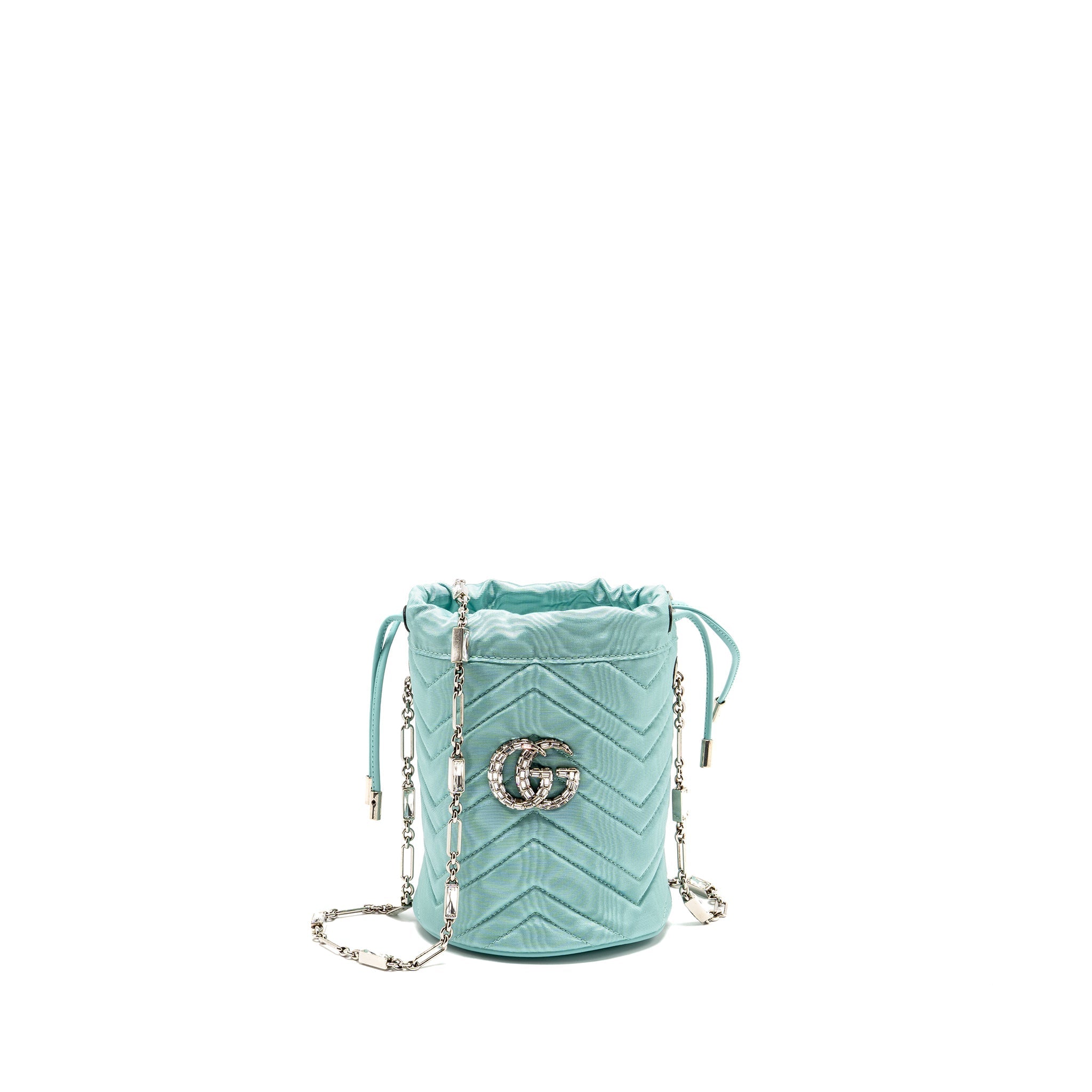 Gucci GG Marmont silk bucket crystal chain bag Fabric/ Crystal Light Blue SHW