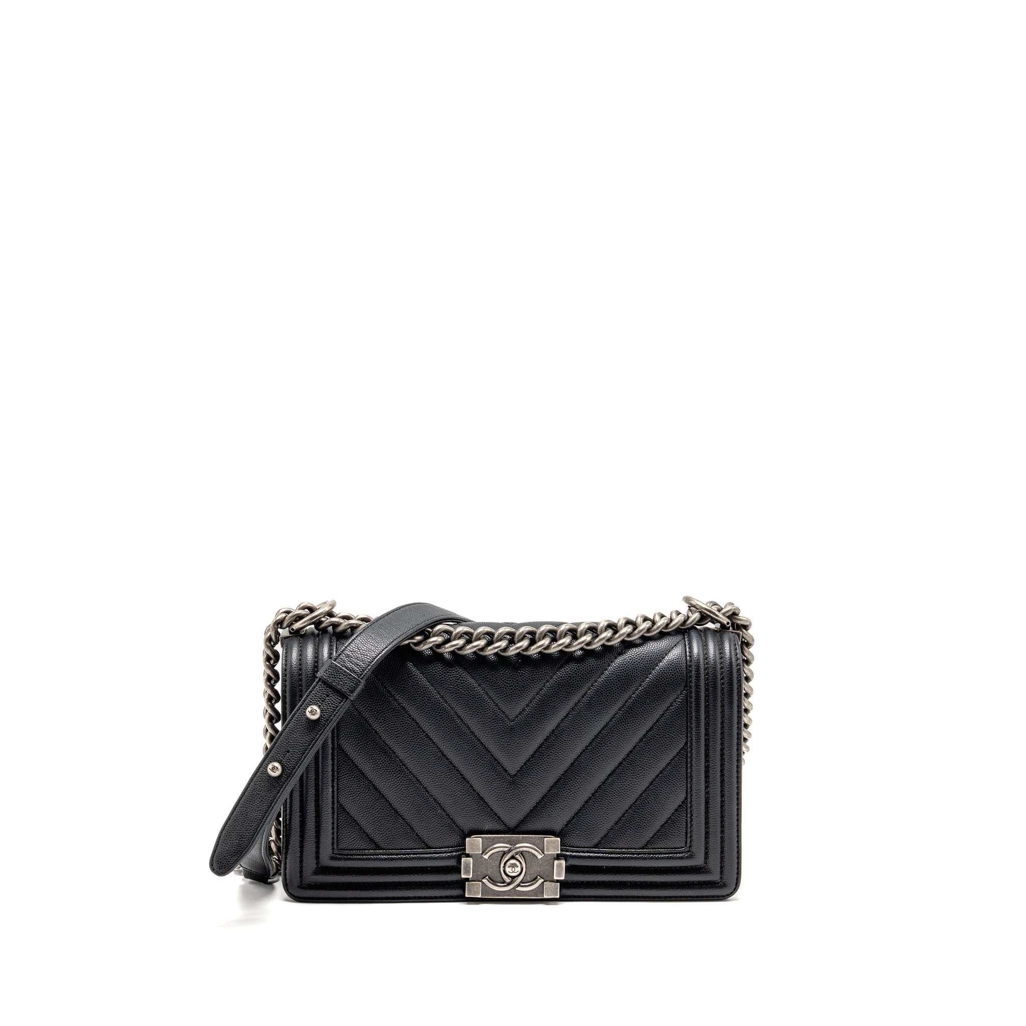 Chanel Medium Boy Bag Chevron Caviar Black Ruthenium Silver Hardware
