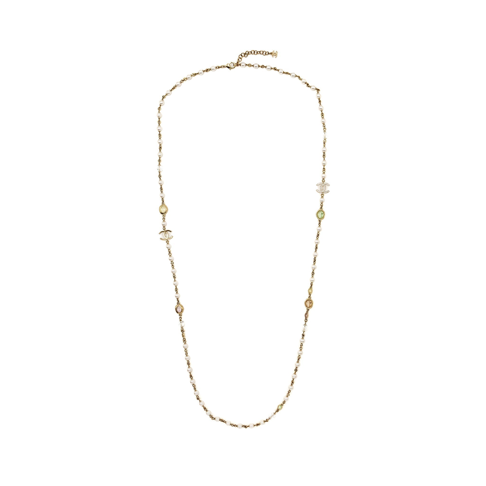 Chanel CC Logo/Pearl/Crystal Long Necklace Light Gold Tone