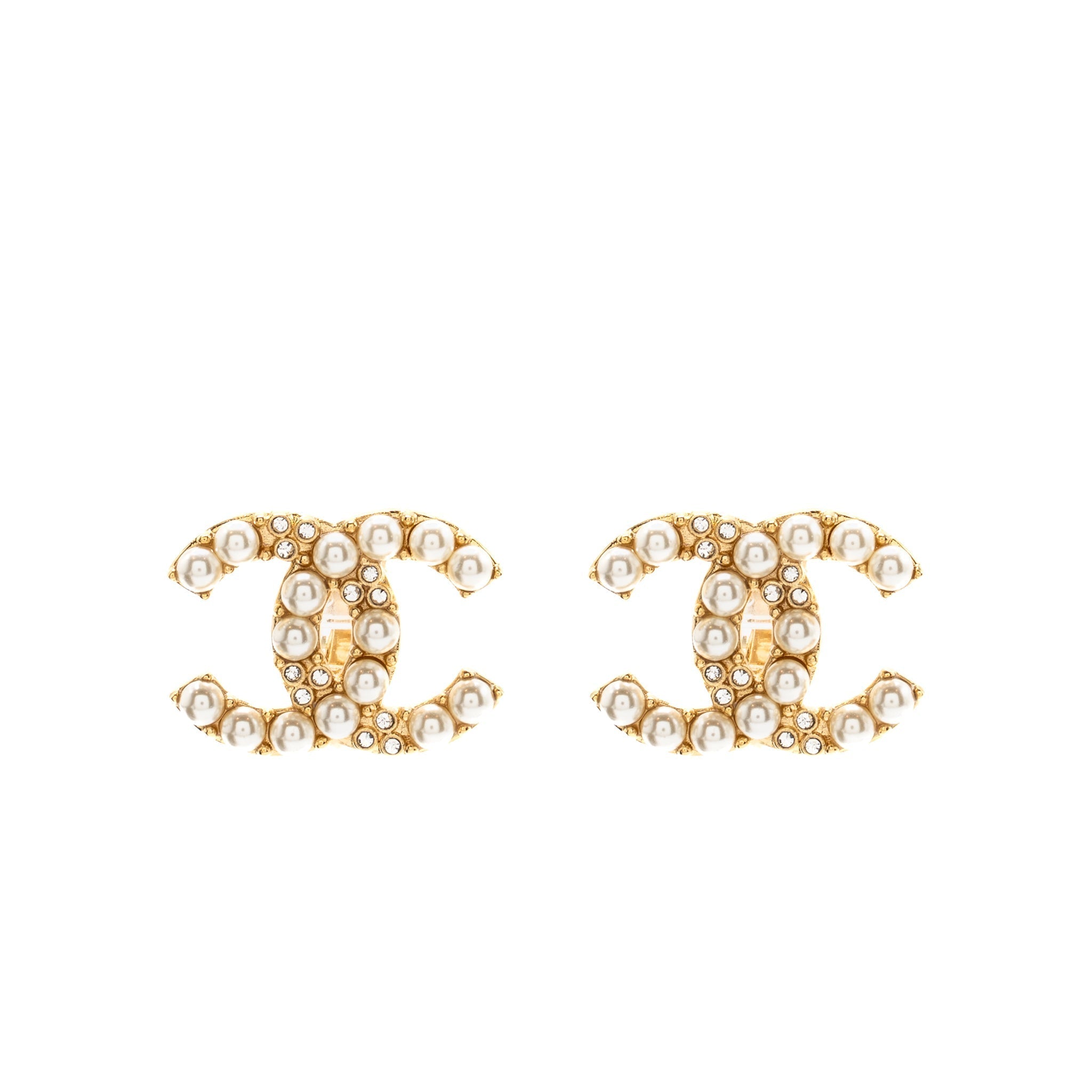 Chanel Pearl&crystal cc logo ear clips gold tone