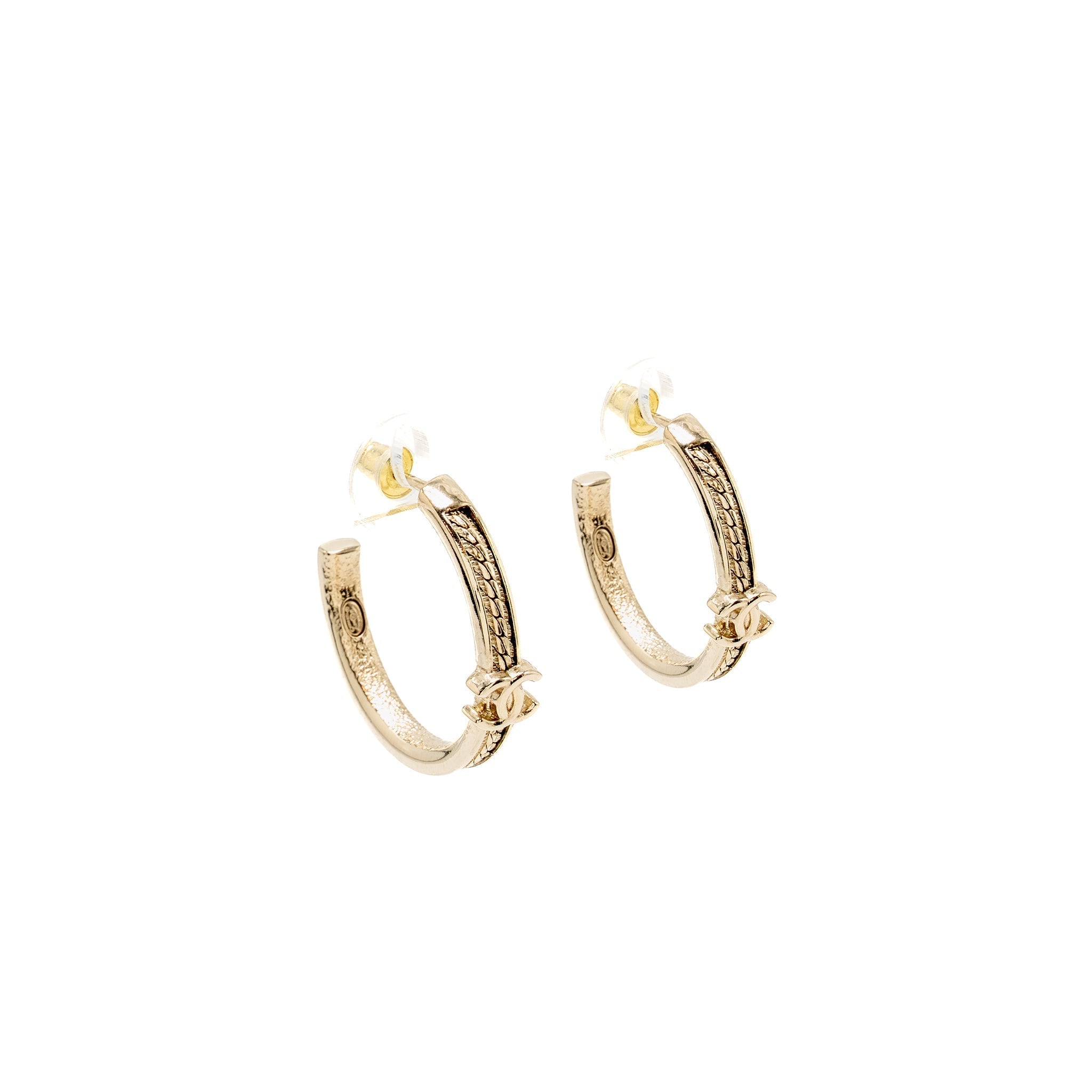 Chanel CC Hoop Earrings Light Gold Tone