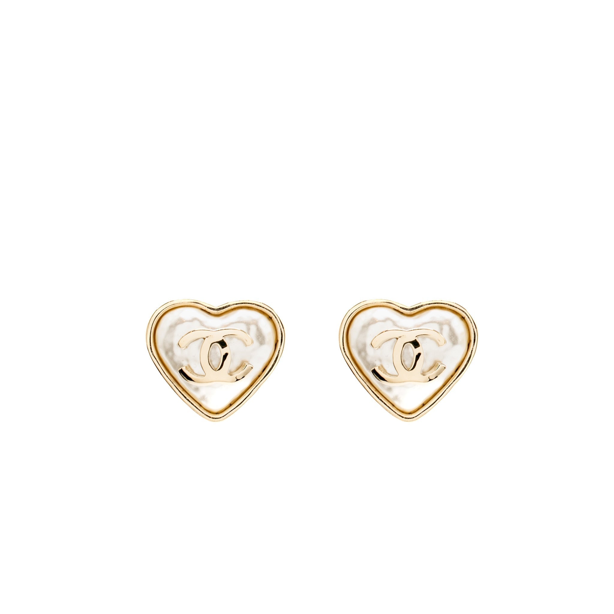Chanel Pearly Heart Shape CC Logo Ear Clips Gold Tone