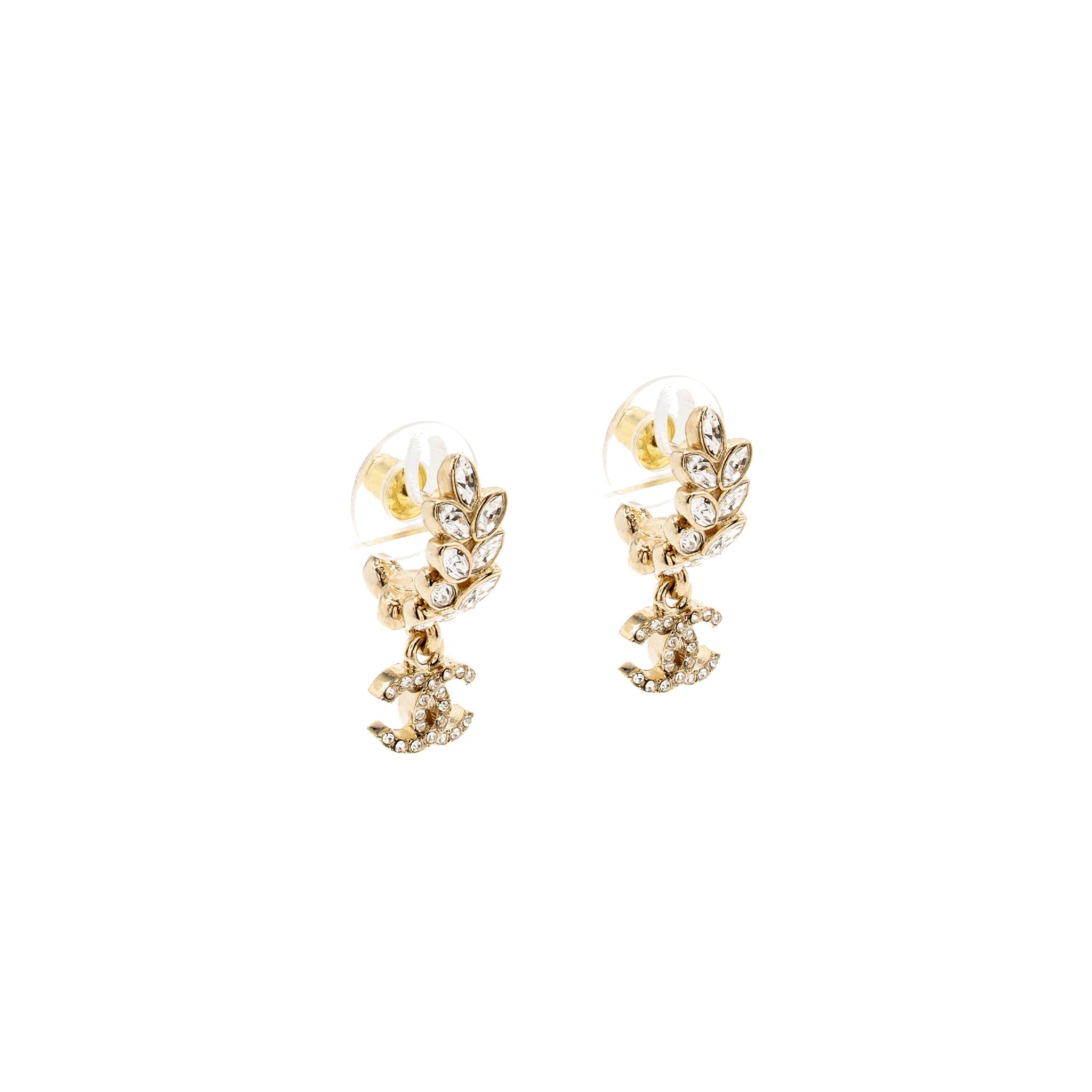 Chanel Sparkling Wheat CC Drop Earrings Crystal Light Gold Tone
