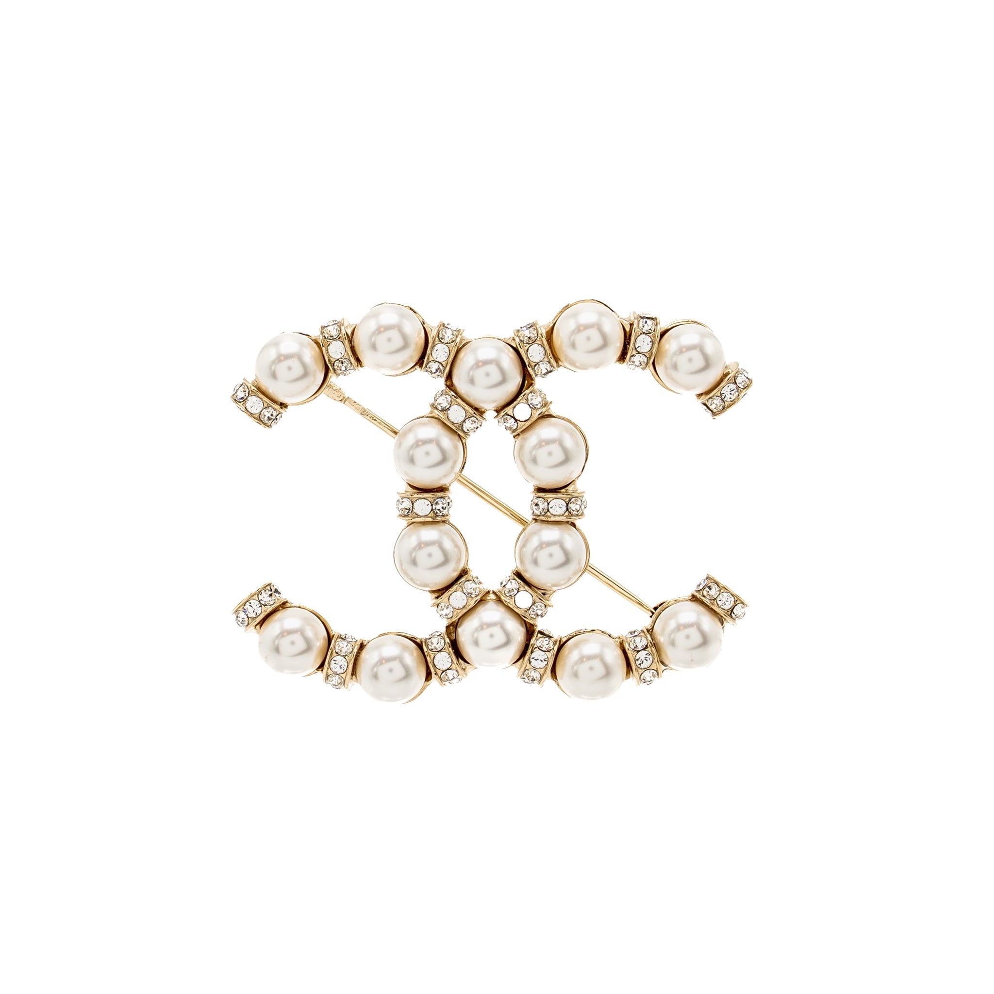 Chanel CC Brooch Pearl/Crystal Light Gold Tone