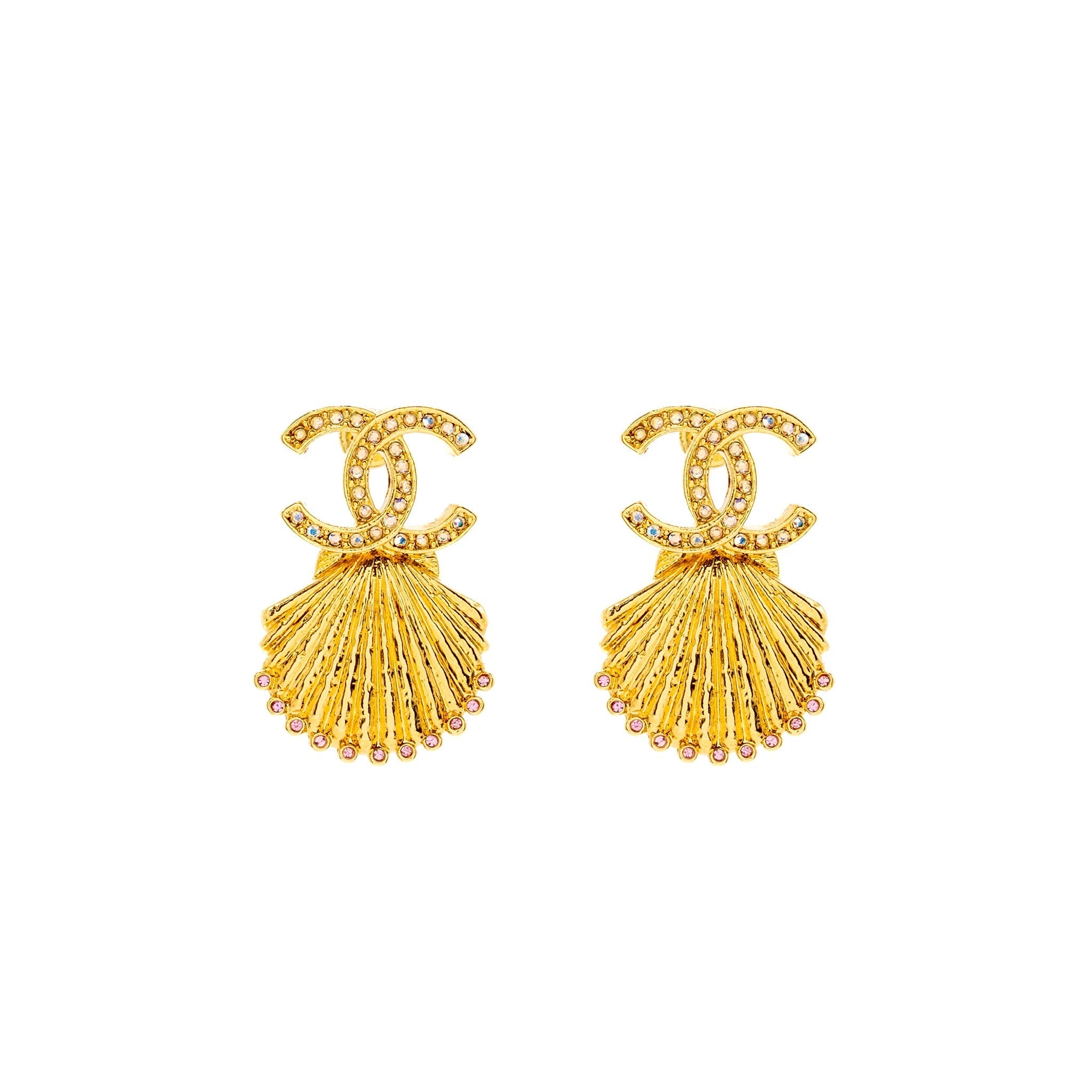 Chanel CC Shell Earrings Crystal Multicolour Gold Tone