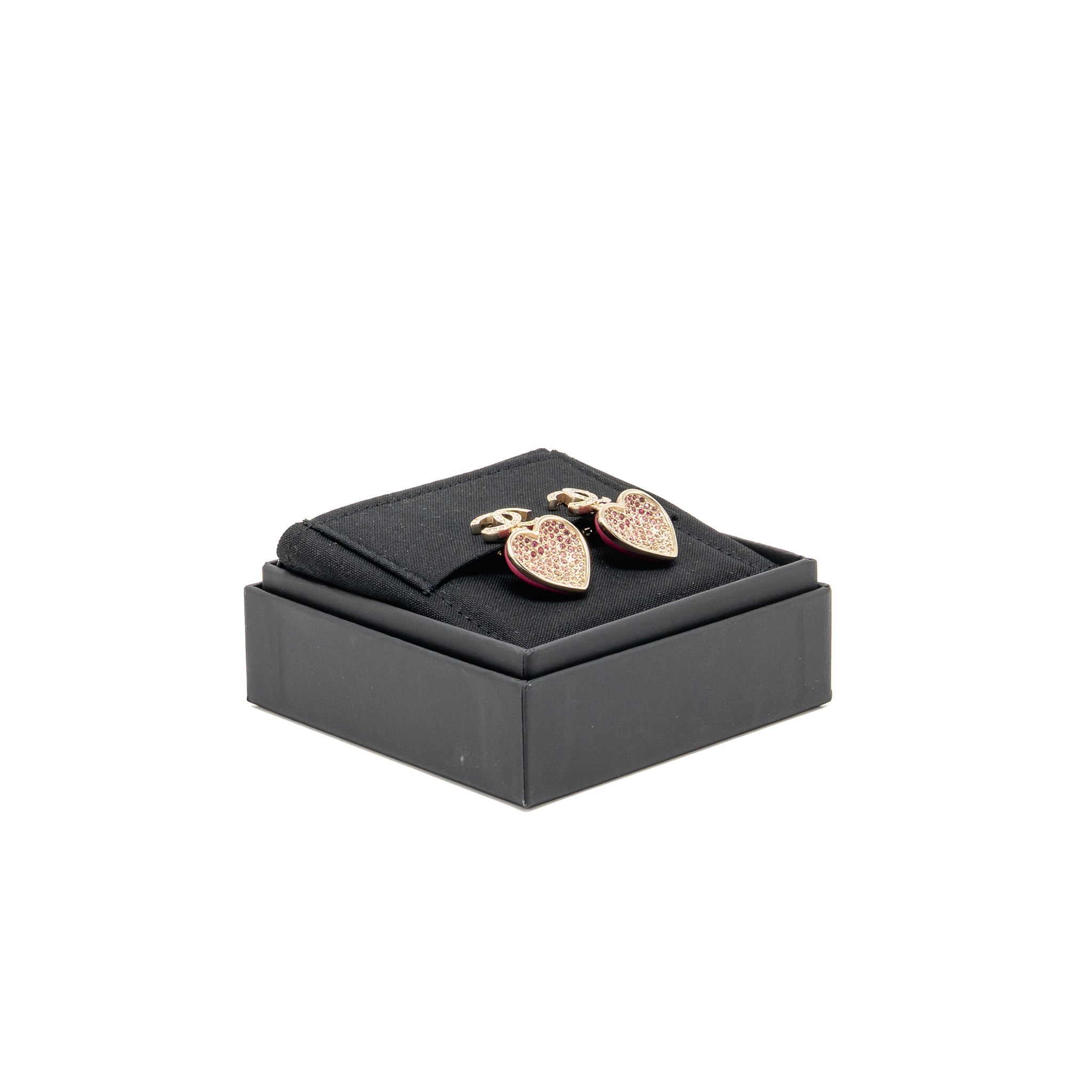 Chanel double face Pink Crystal heart dropped cc logo ear clips light gold tone