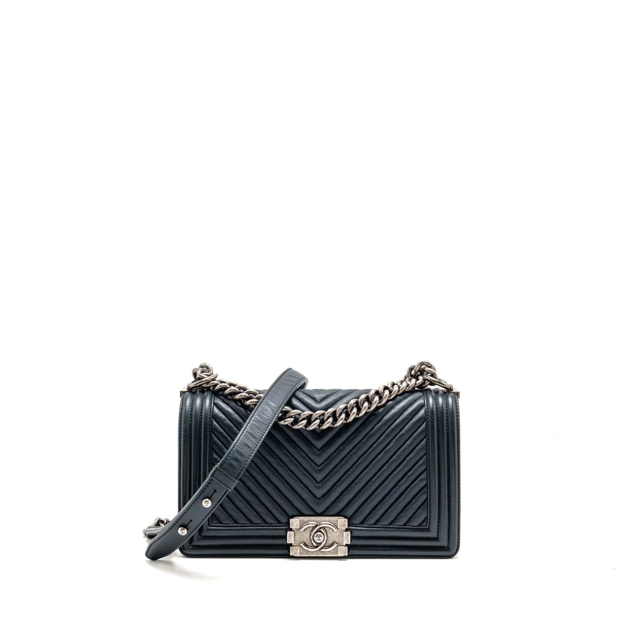 Chanel Medium Boy Bag Chevron Lambskin Dark Blue SHW