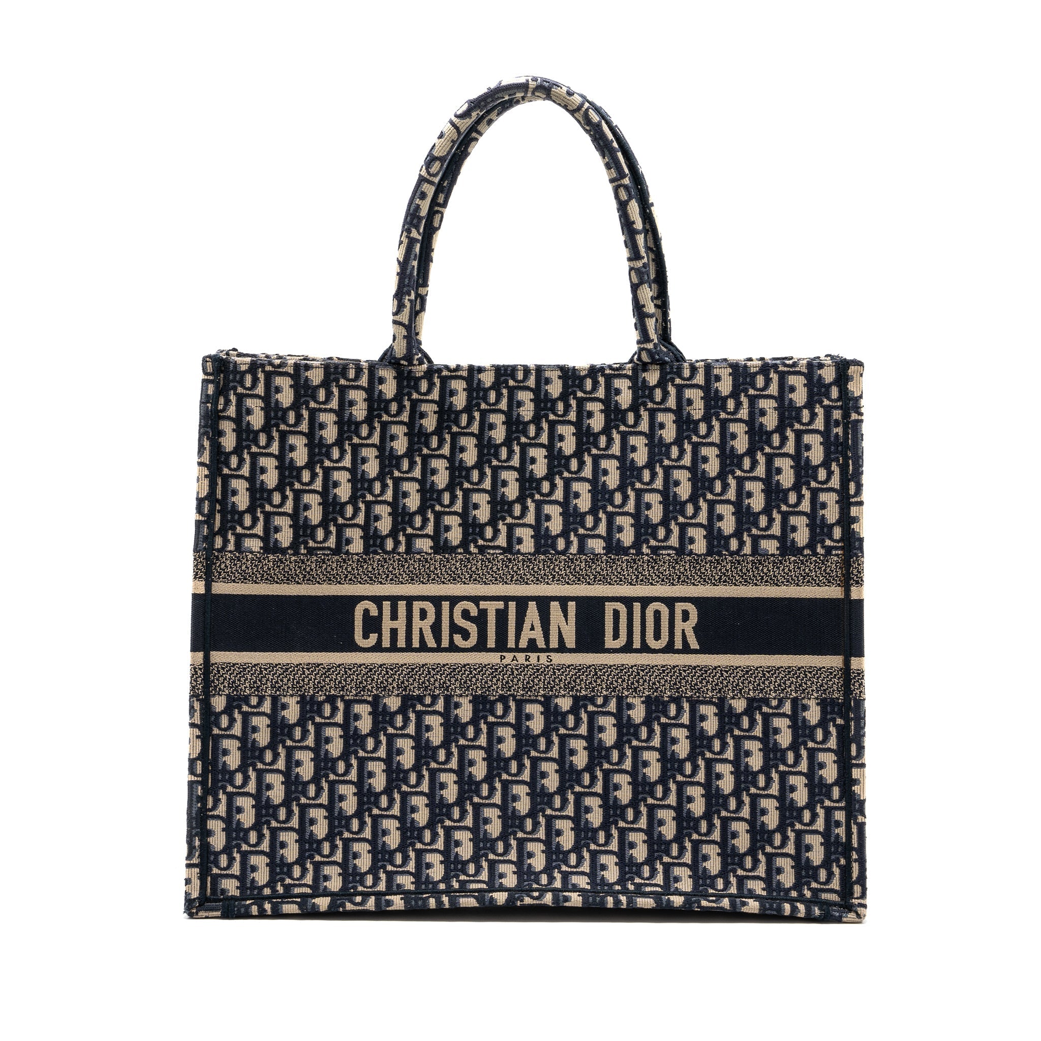 DIOR large book tote ecru and blue Dior oblique embroidery