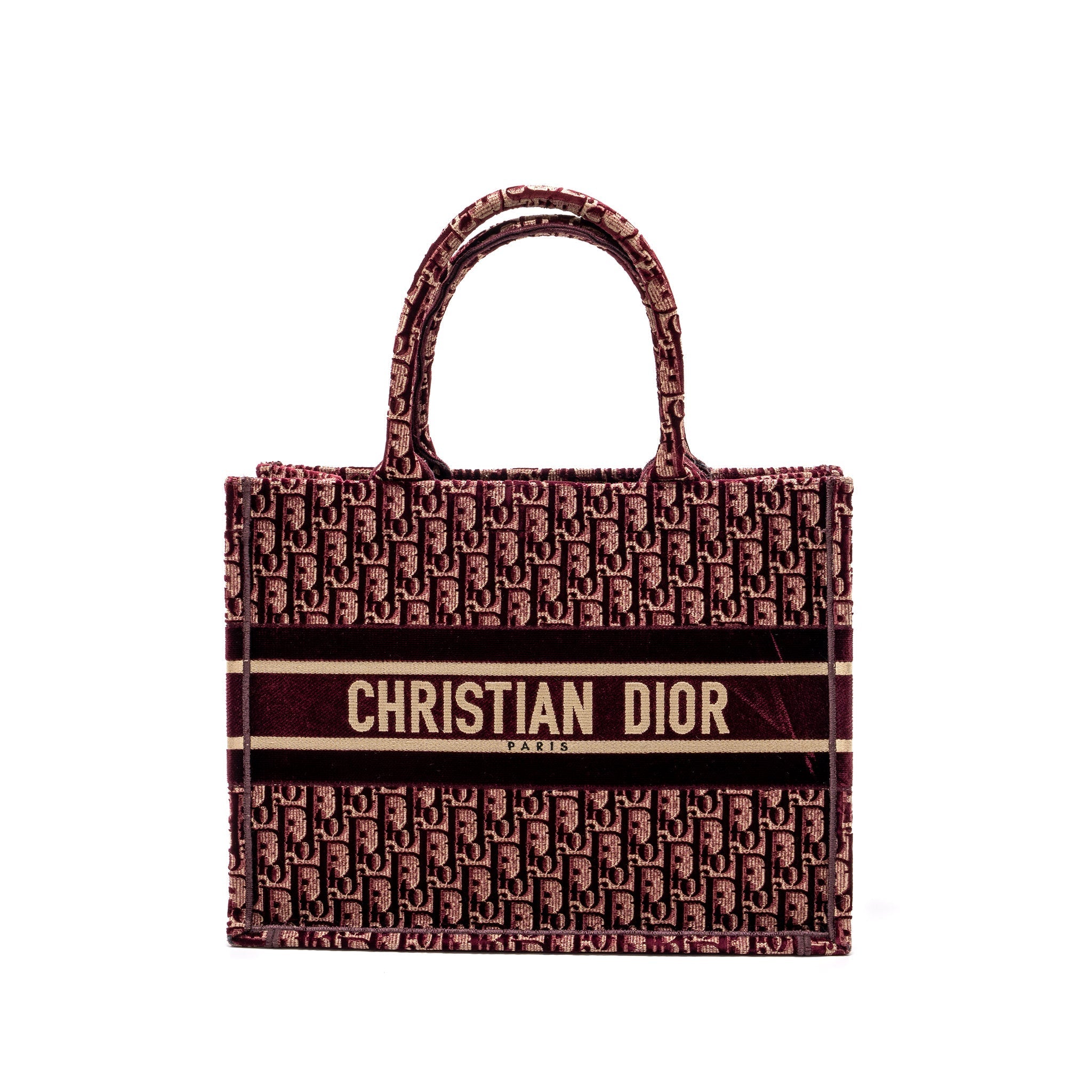 Dior Medium Book Tote Oblique Embroidery Velvet/ Canvas Dark Red