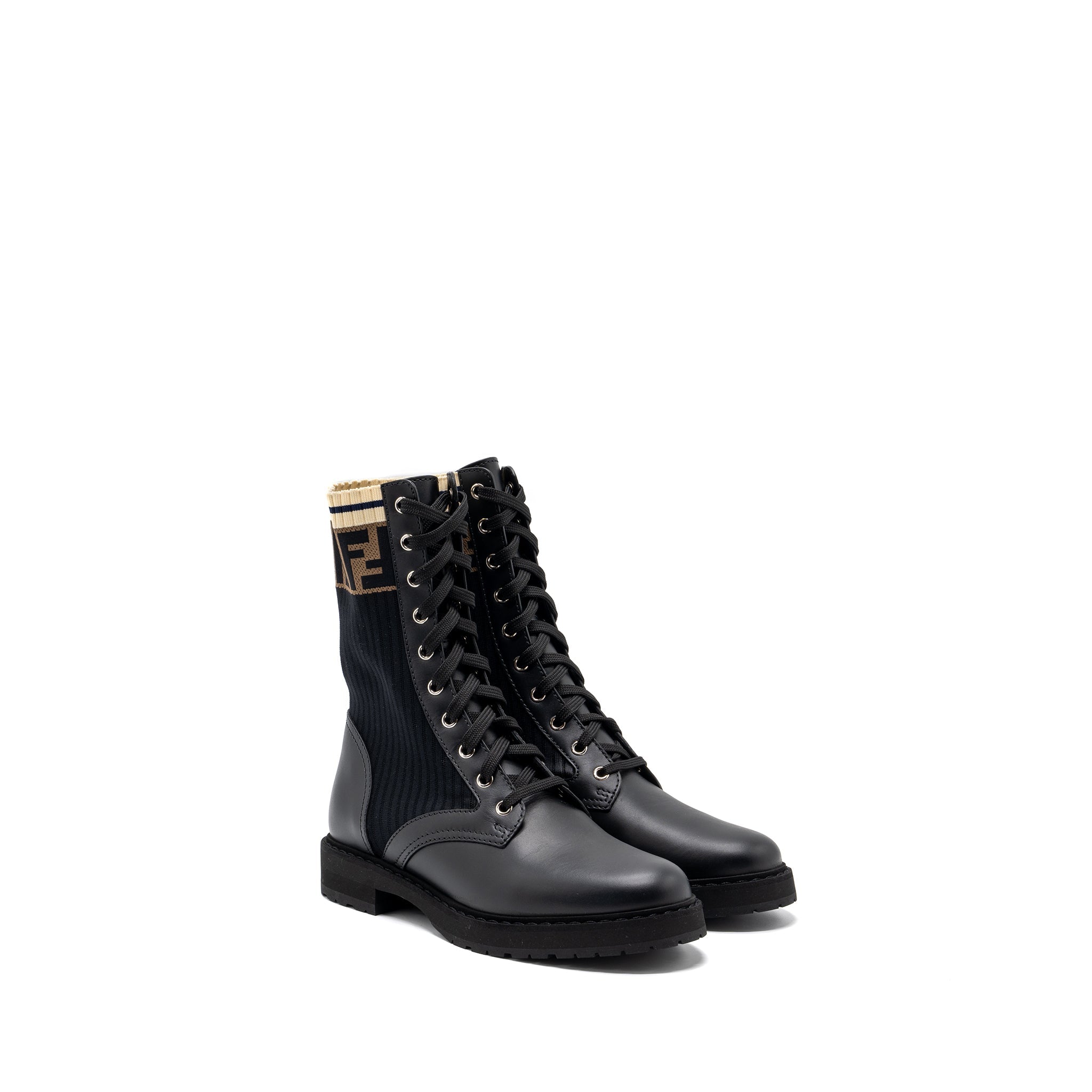 Fendi Size 39 Biker Boots Leather/ Cotton Black Multicolour