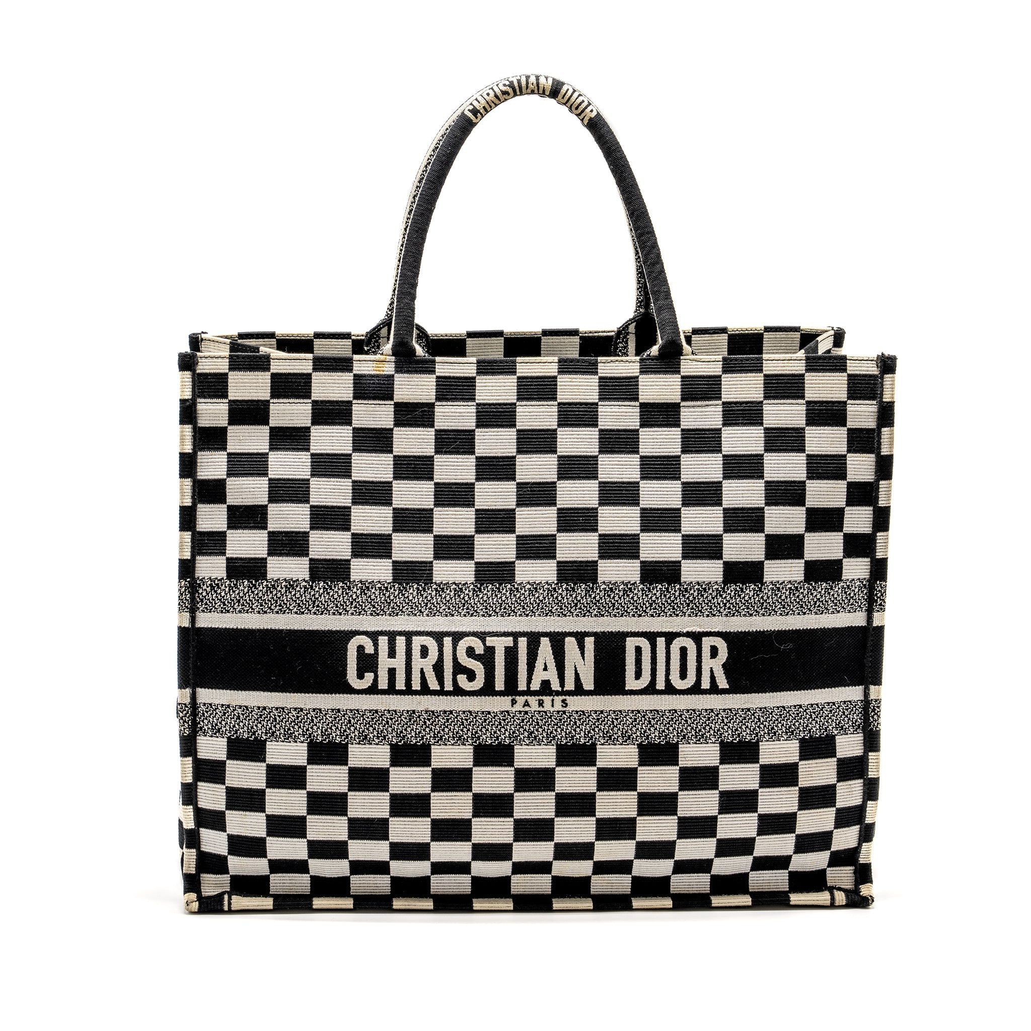 Dior Large Book Tote White Checkered Embroidered Canvas Black / White