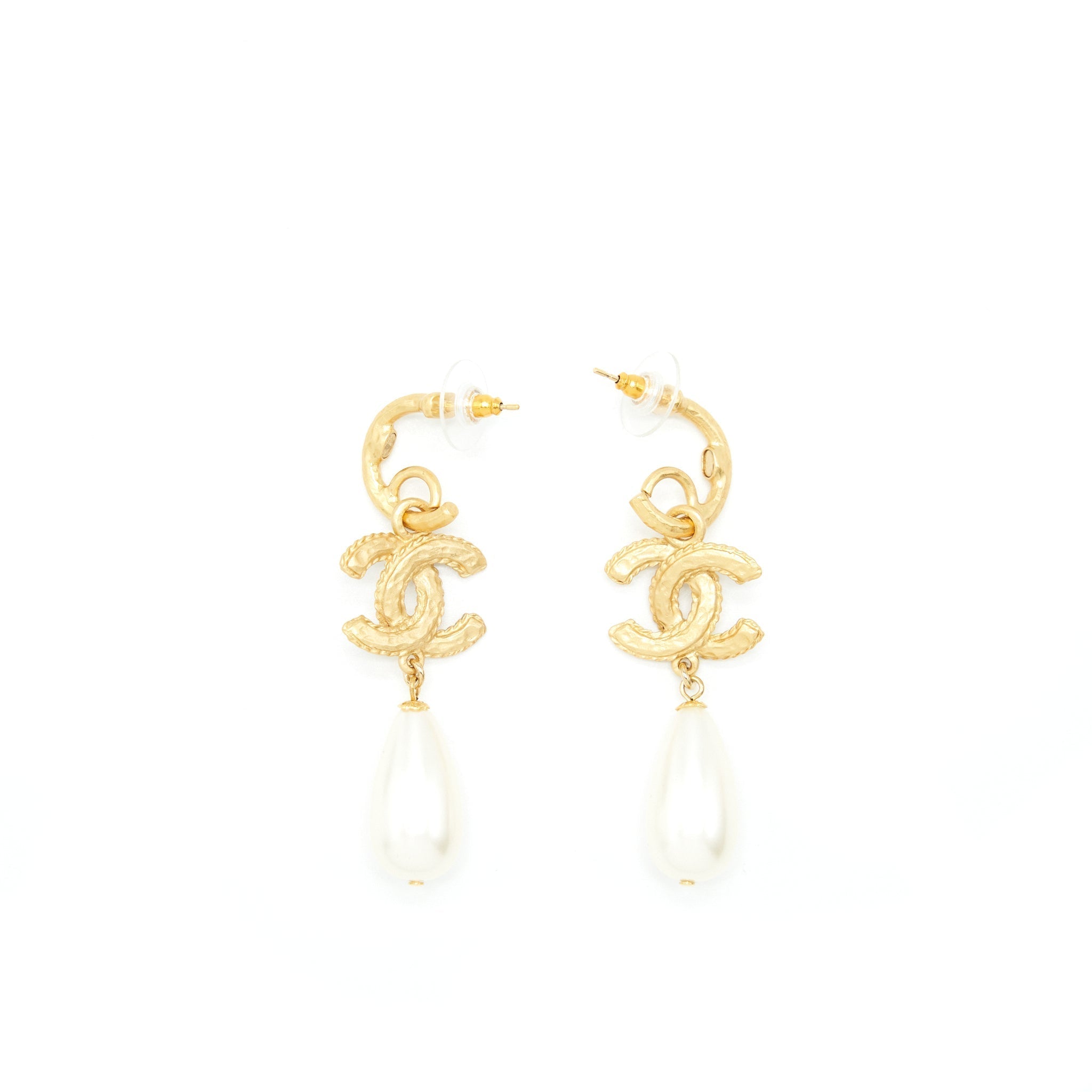 Chanel CC Pearl Drop Earrings Gold Tone