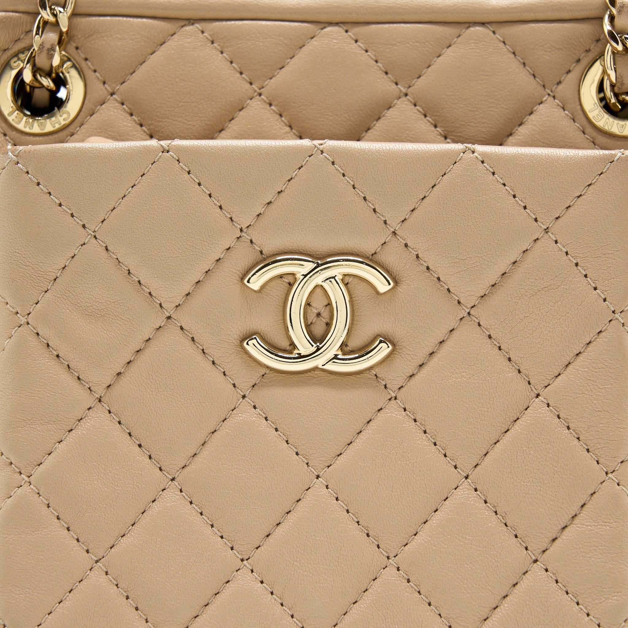Chanel Small Vertical Camera Bag With Chain Lambskin Beige LGHW