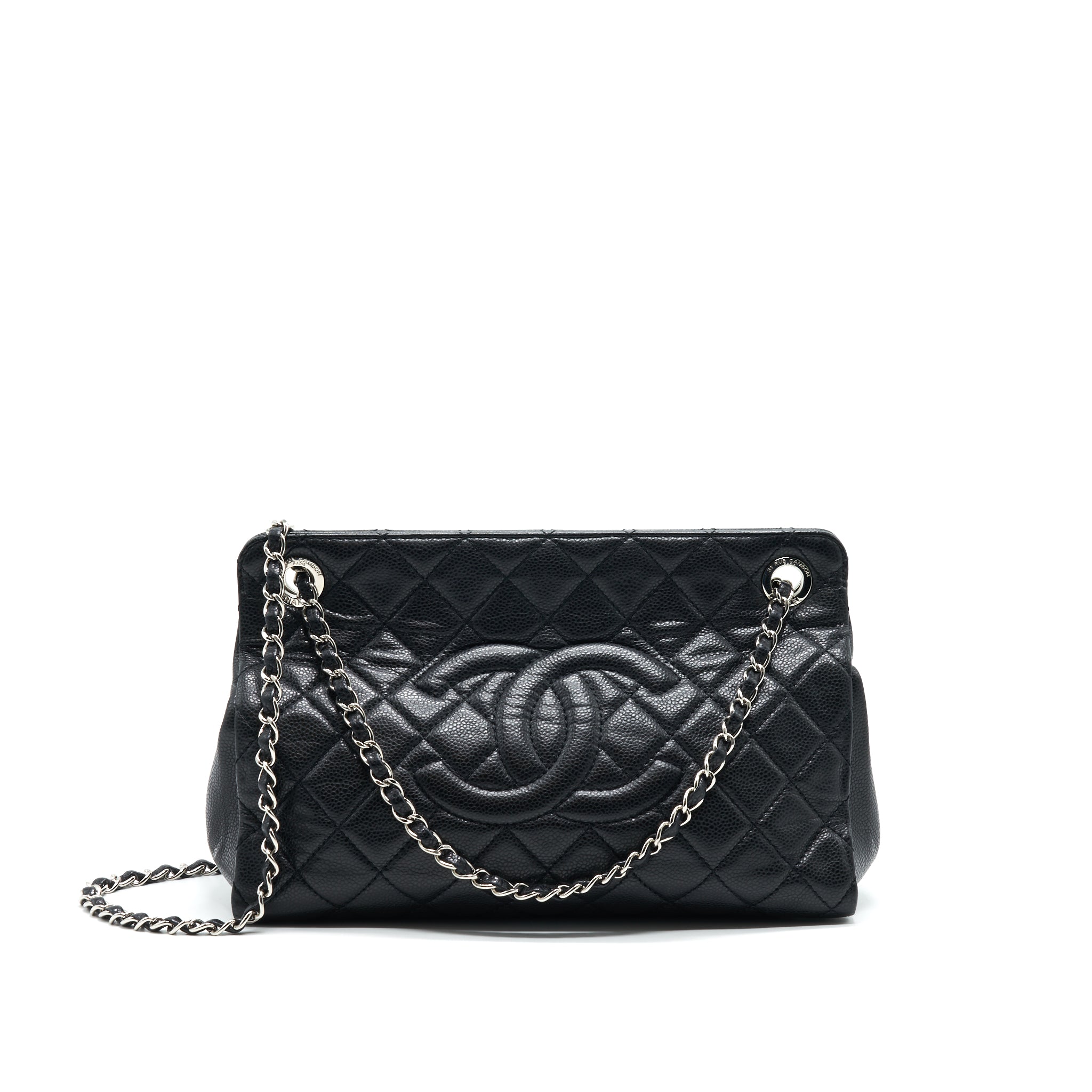CHANEL QUILTED LEATHER TOTE BAG WITH CHAIN IN CARVIAR BLACK SHW