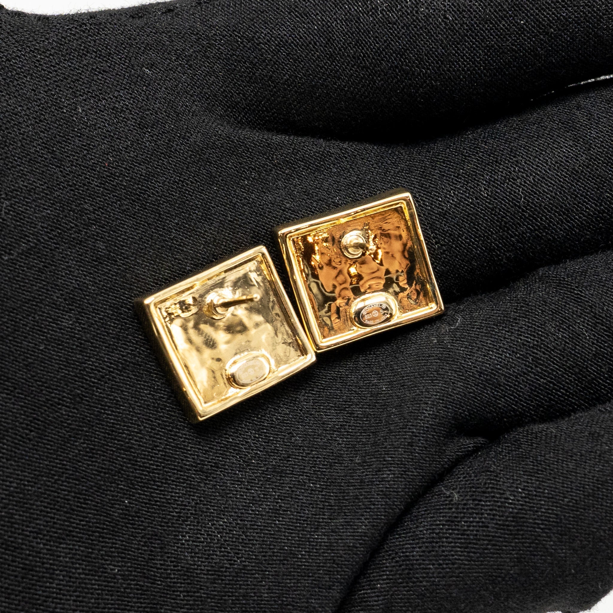 Chanel Square CC Logo Earrings Gold Tone