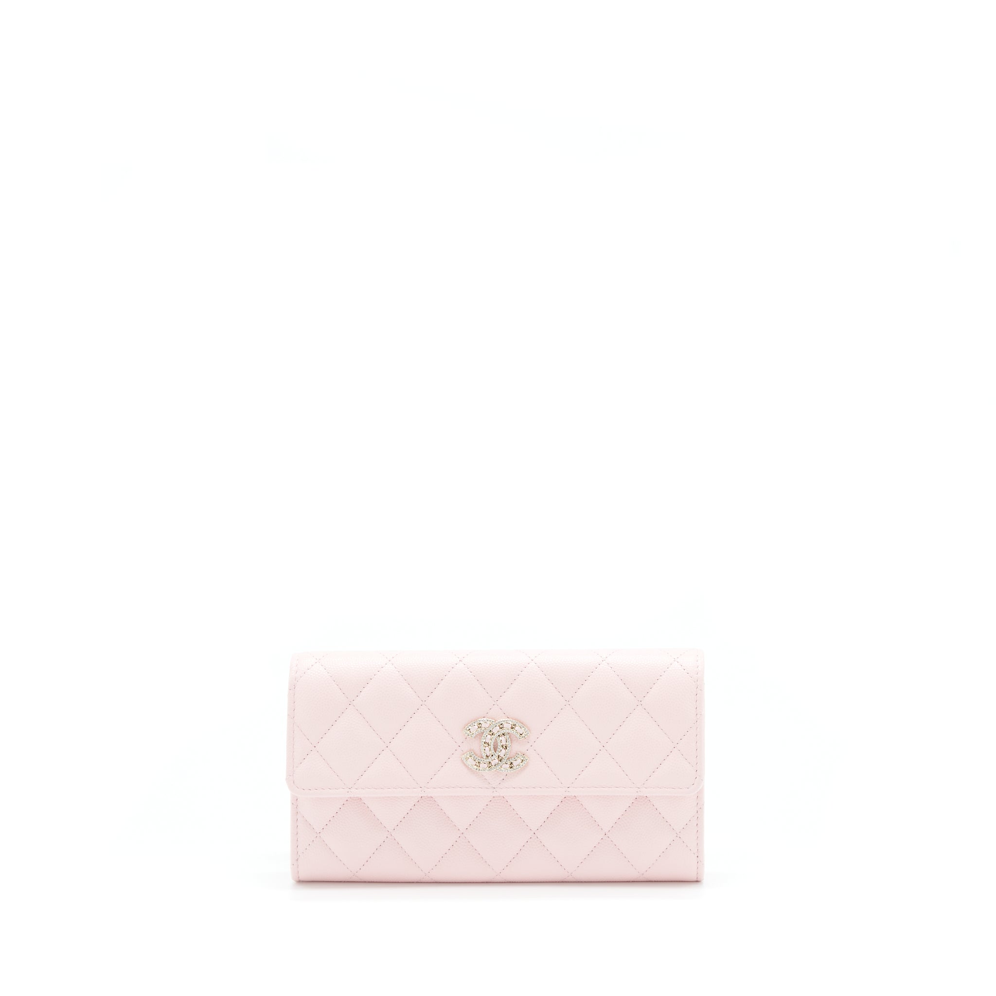 Chanel 22S detailed logo flap long wallet caviar light pink with LGHW
