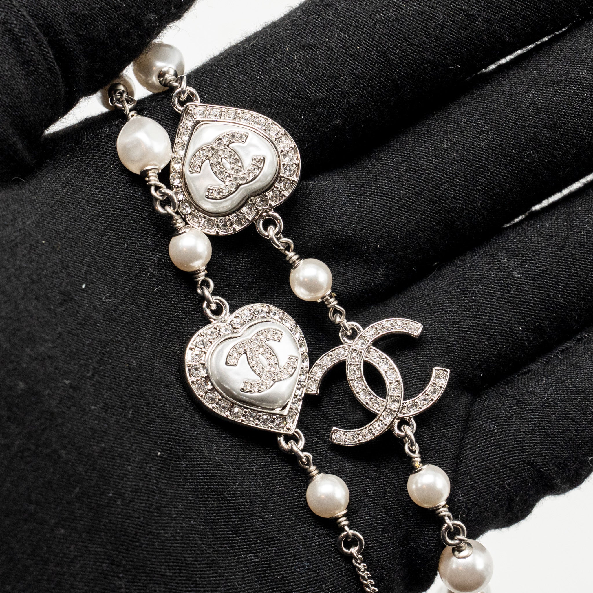 Chanel Crystal Heart Shape/Pearl Long Necklace Silver Tone