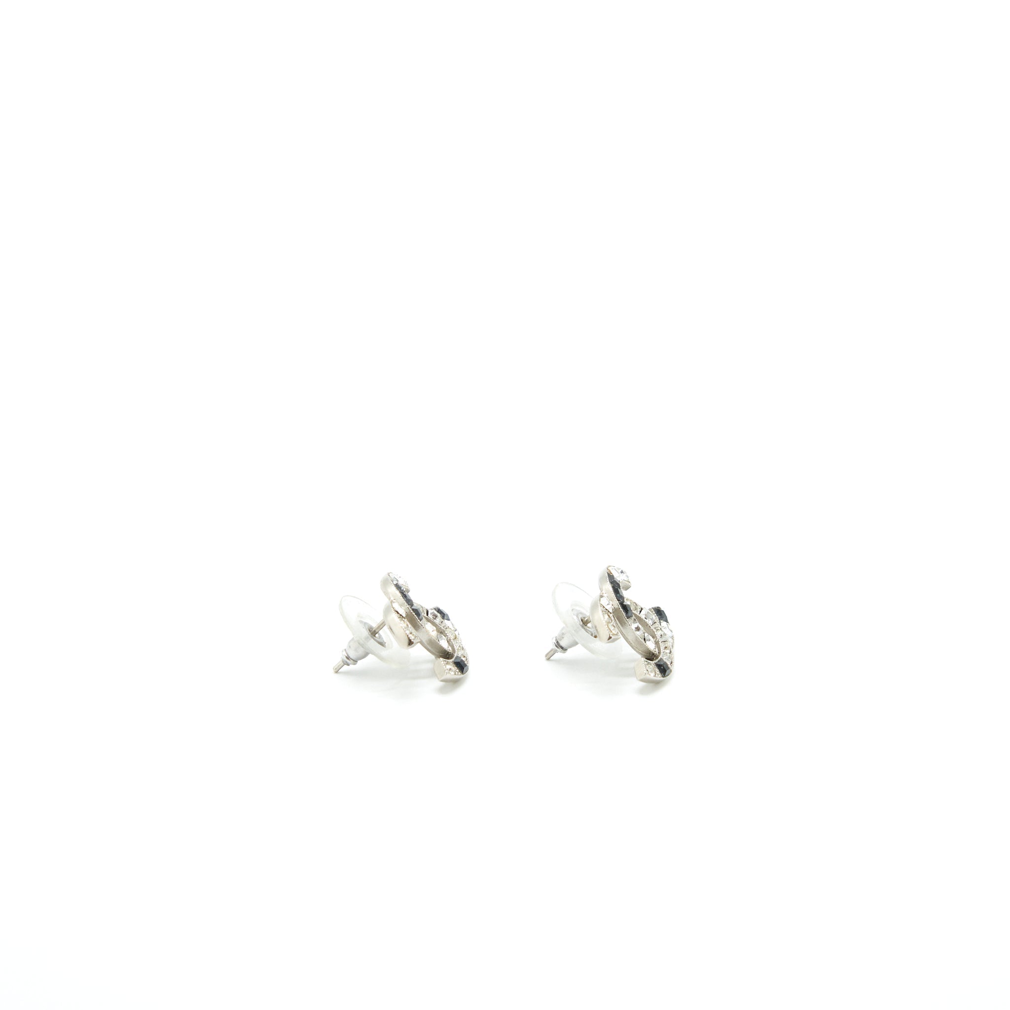 Chanel CC logo crystal earrings silver and black tone