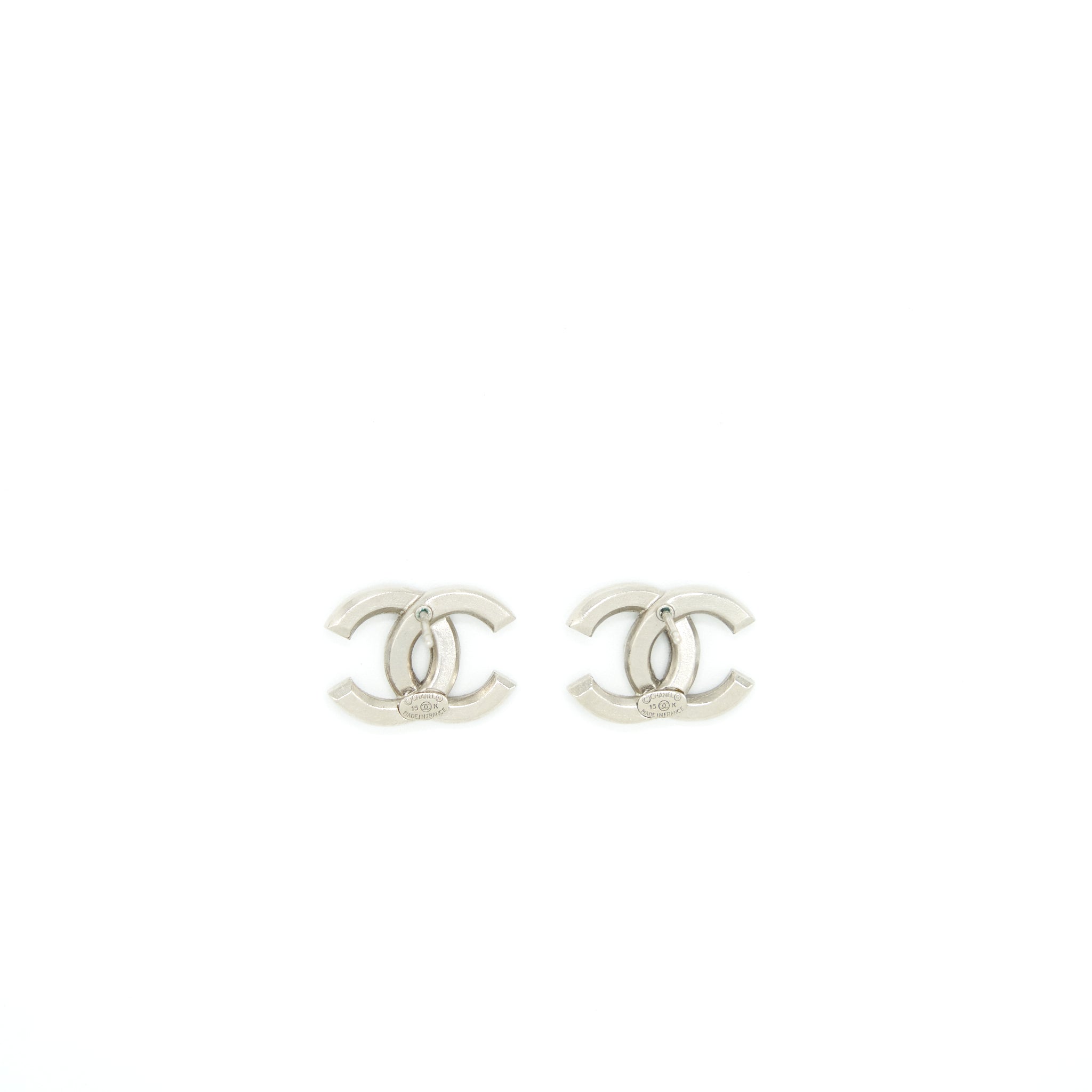 Chanel CC logo crystal earrings silver and black tone