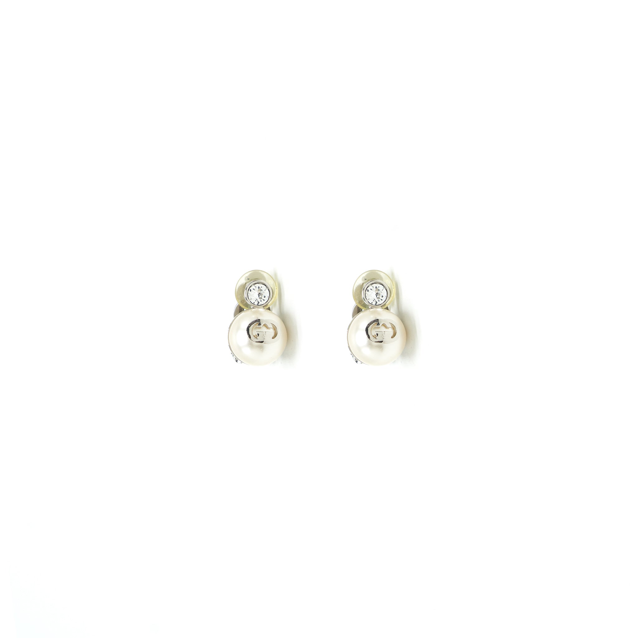GUCCI GG Pearl with White Crystal Clip Earrings
