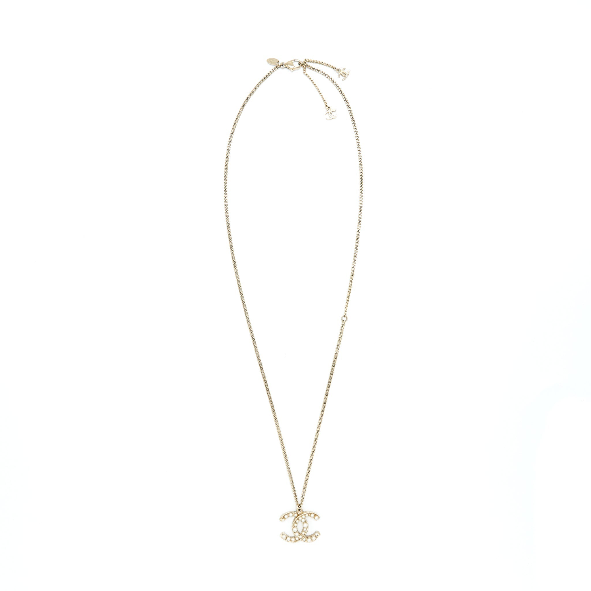 Chanel CC Logo Necklace Light Gold Tone With Pearl Design