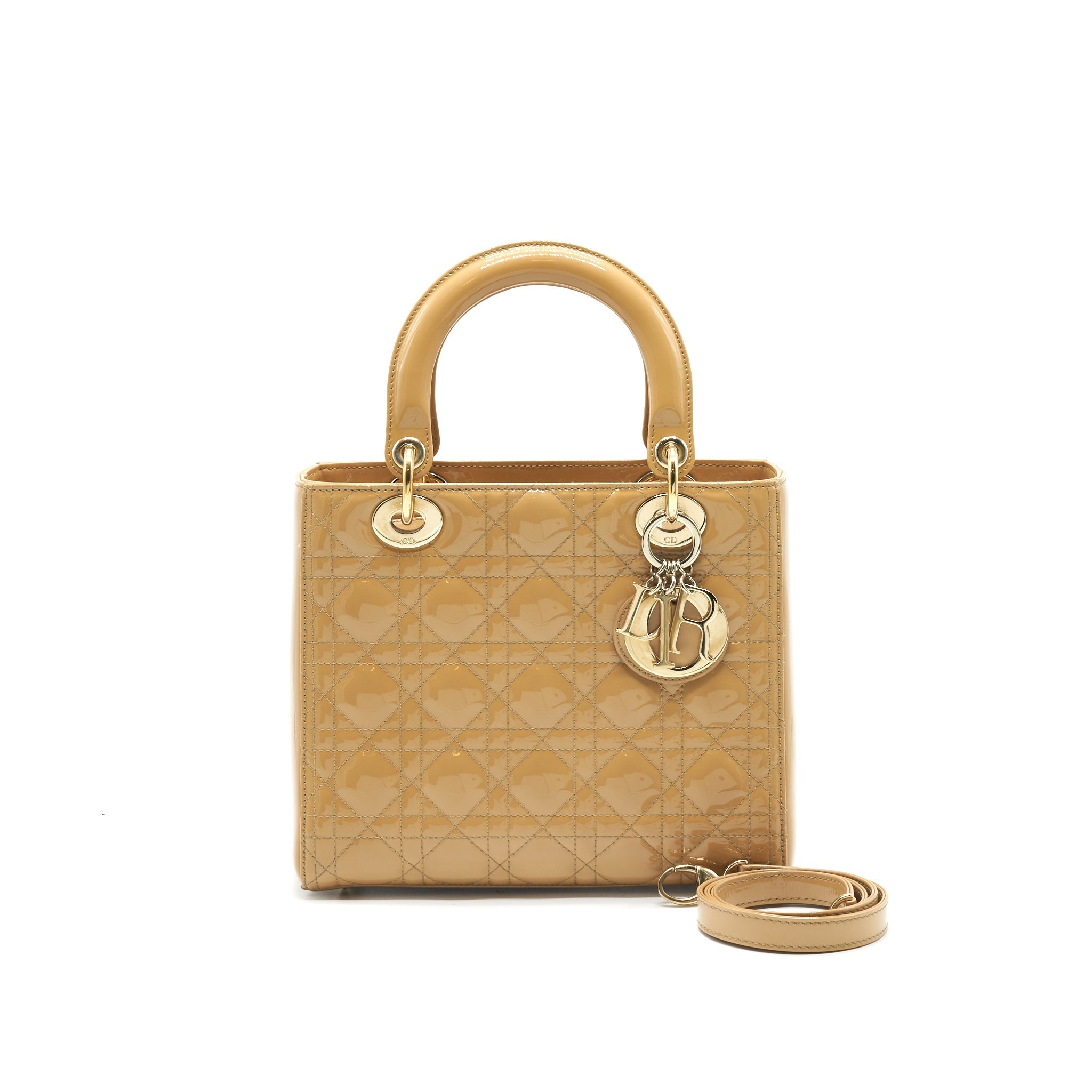 Christian Dior Medium Lady Dior Patent Leather Beige GHW